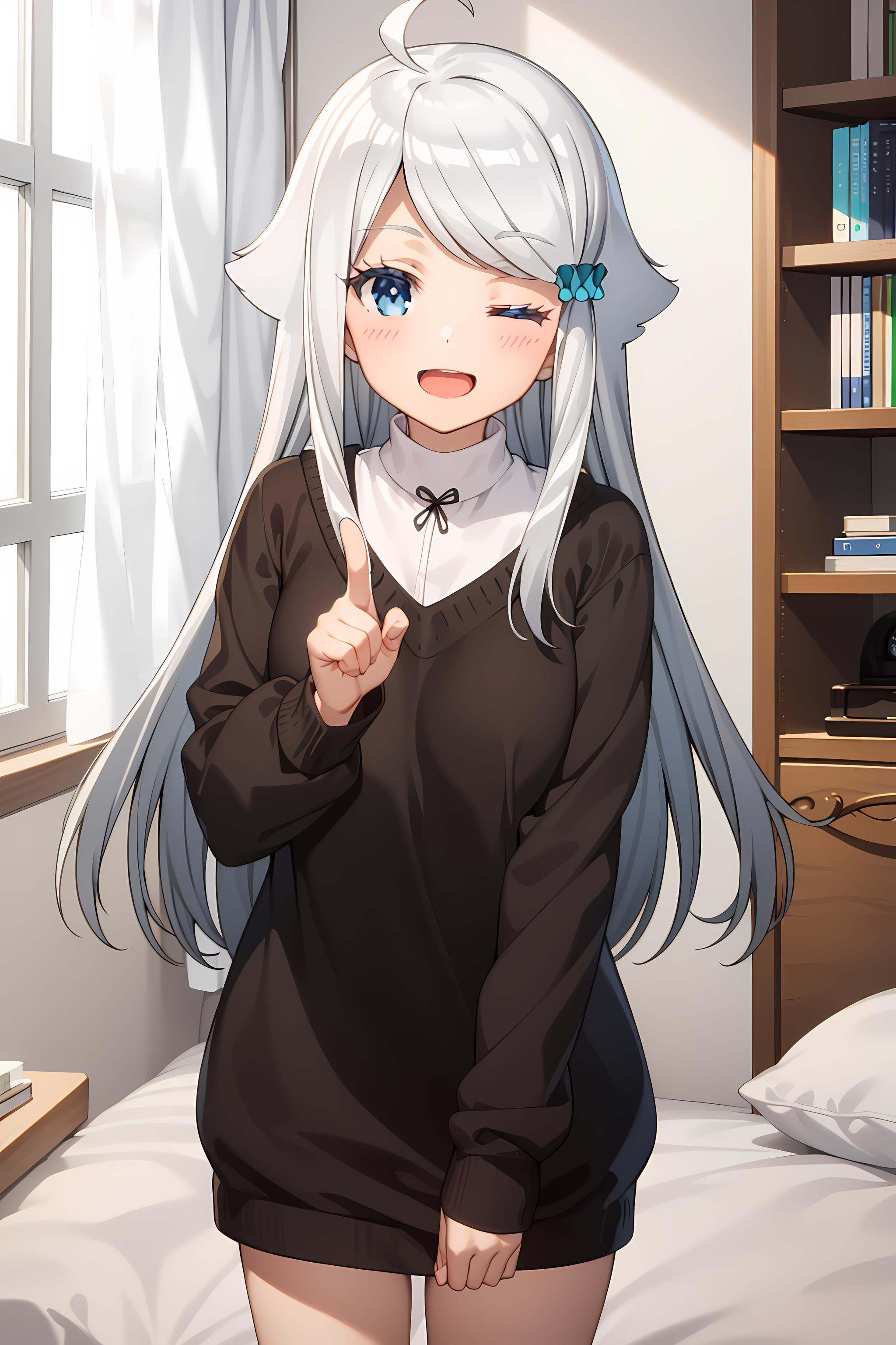 best quality, masterpiece, detailed,<lora:ImoutoSaeIrebaIi_KaniNayuta:0.8>, KaniNayuta,solo, open mouth, smile, one eye closed,grey hair, blue eyes, long hair, hair scrunchie, (blue scunchie:1.2), hair flaps, ahoge,NayuSweater, black sweater, white shirt, collared shirt, ribbon,standing, pointing at viewer, looking at viewer,indoors, bookshelf, bed, computer