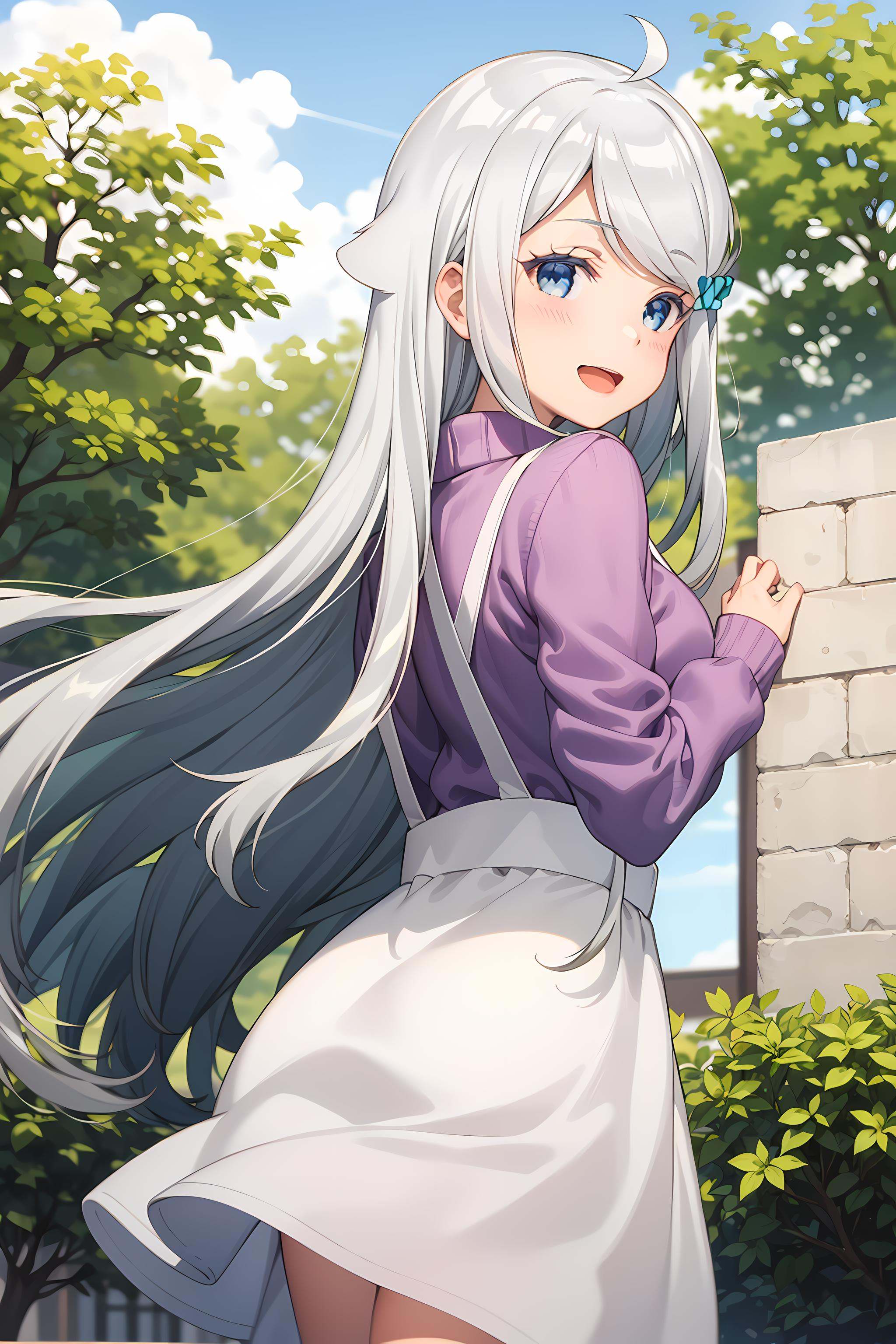 best quality, masterpiece, detailed,<lora:ImoutoSaeIrebaIi_KaniNayuta:0.8>, KaniNayuta,1girl, solo, open mouth, smile, blush, grey hair, blue eyes, long hair, floating hair, hair scrunchie, (pink scunchie:1.2), hair flaps, ahoge,NayuCasual2, (purple sweater:1.3), white skirt,  suspenders, shirt tucked in, standing, from behind, looking at viewer,outdoors, park, tree