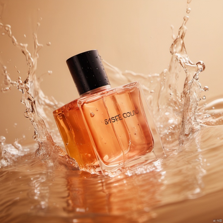  xihuwen,Perfume, bottom-up perspective, Splash, water, Warm Color style, Commercial photography, 8k, HD,