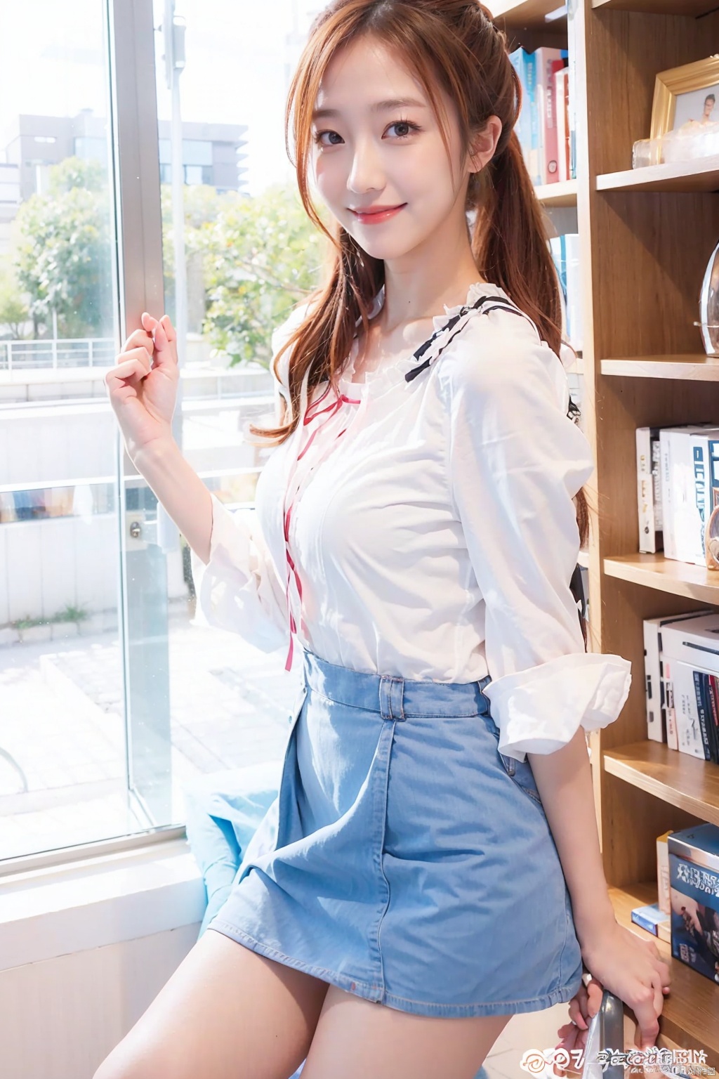  1girl, ,
spread urethra,
,short dress,long hair,middle school uniform,library,,side-tie panties,
ponytail,smile,