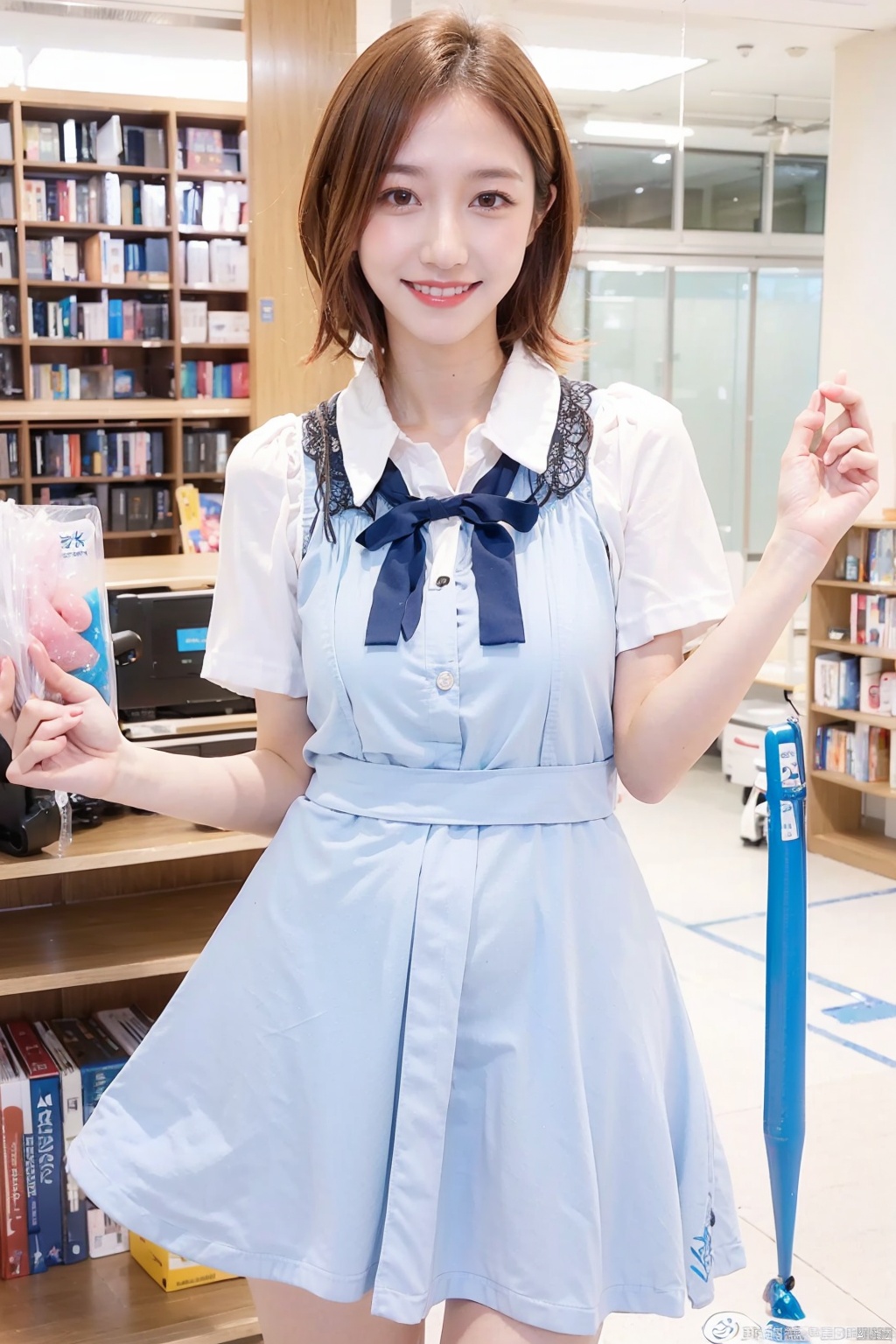  1girl, ,
spread urethra,
,short dress,short hair,middle school uniform,library,,side-tie panties,
,smile,