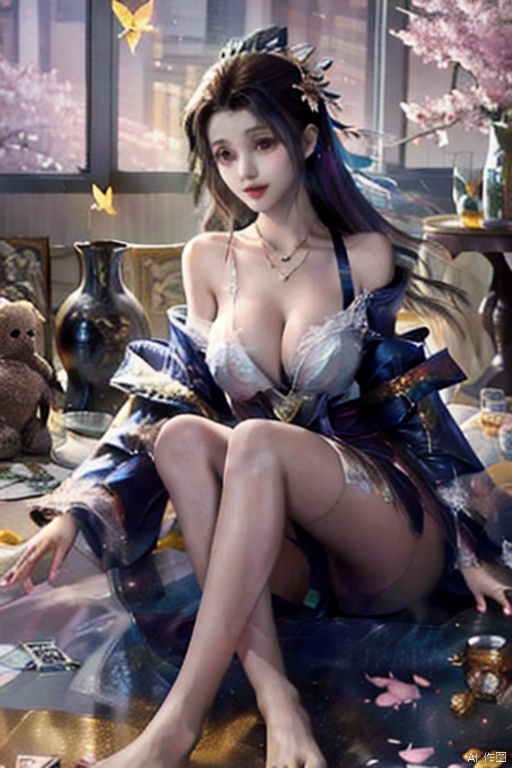  two_legs,two_arms,celet,detailed_face,jewelry,solo,large breasts,cleavage,japanese clothes,sitting,brown hair,petals,butterfly,very_long_hair,long hair,kimono,indoors,yokozuwari,beads,sash,looking at viewer,brown eyes,off shoulder,hair flower,cherry blossoms,bare legs,vase,bare shoulders,black hair,branch,falling petals,bead bracelet,barefoot,anklet,parted lips,sweat,obi,table,necklace,card game official art, 1girl