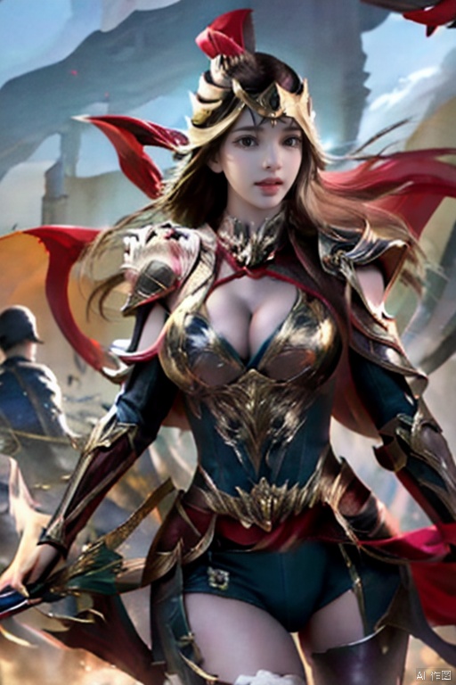  two_legs,two_arms,celet,detailed_face,jewelry,solo,large breasts,cleavage1girl, breasts, armor, arrow (projectile), cleavage, long hair, large breasts, weapon, helmet, red cape, cape, quiver, shoulder armor, solo focus, outdoors, holding, vambraces, white hair, pauldrons, bow (weapon), sky, blue eyes, cleavage cutout, looking to the side, lips, clothing cutout, holding weapon, closed mouth, cloud, red lips, standing, shield, thighhighs, day, makeup, cowboy shot