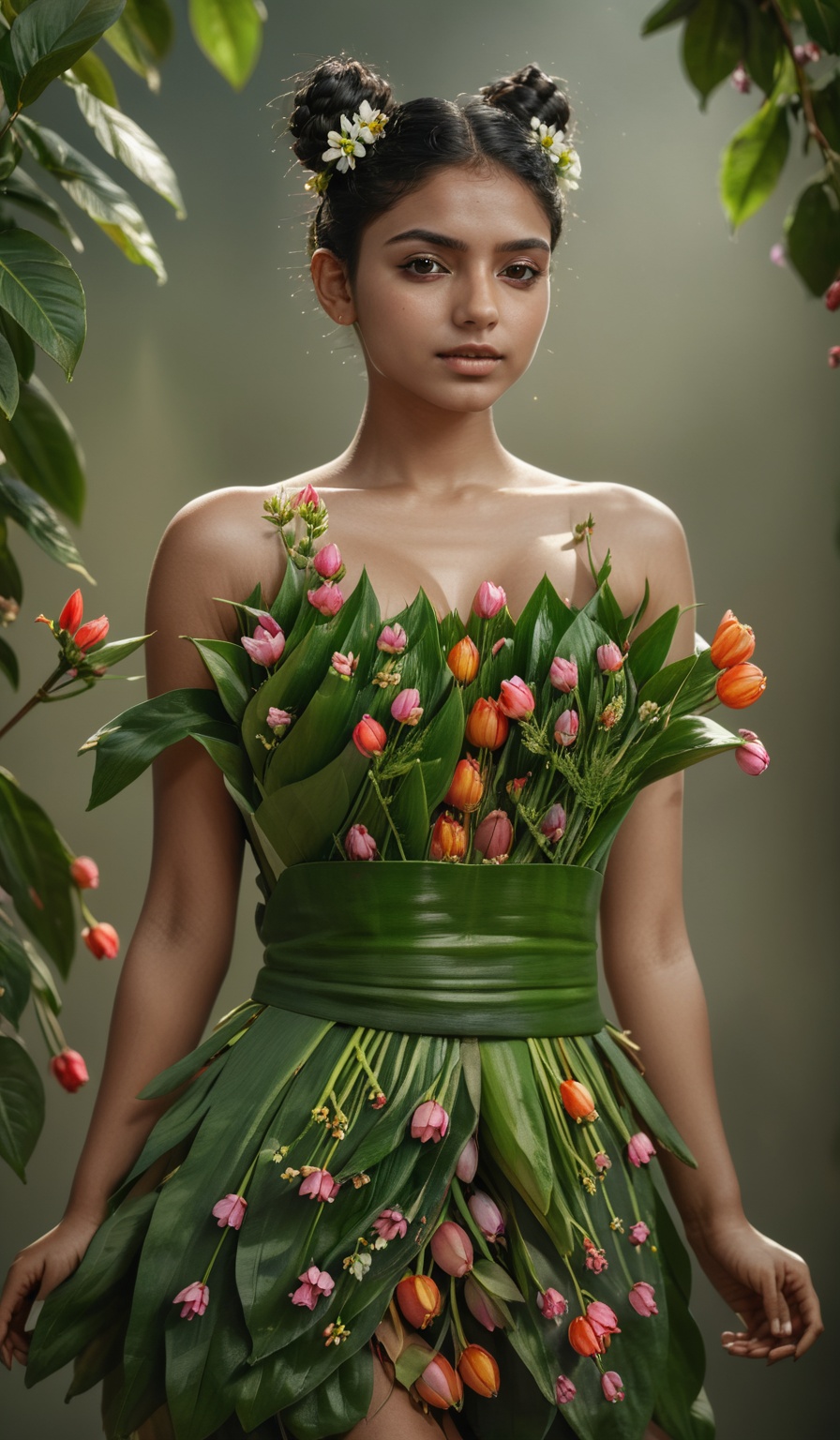 Mallu girl,  ((Girl cover her body with plant and blossom)),  ((full body)) on Tensor.Art