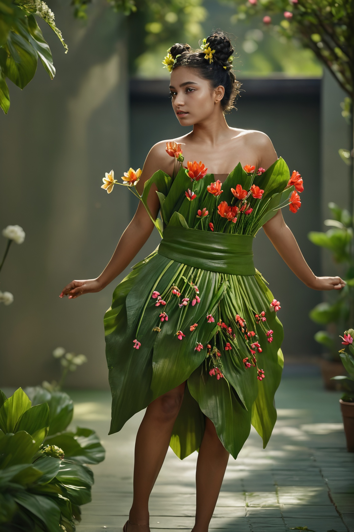 Mallu girl,  ((Girl cover her body with plant and blossom)),  ((full body)) on Tensor.Art