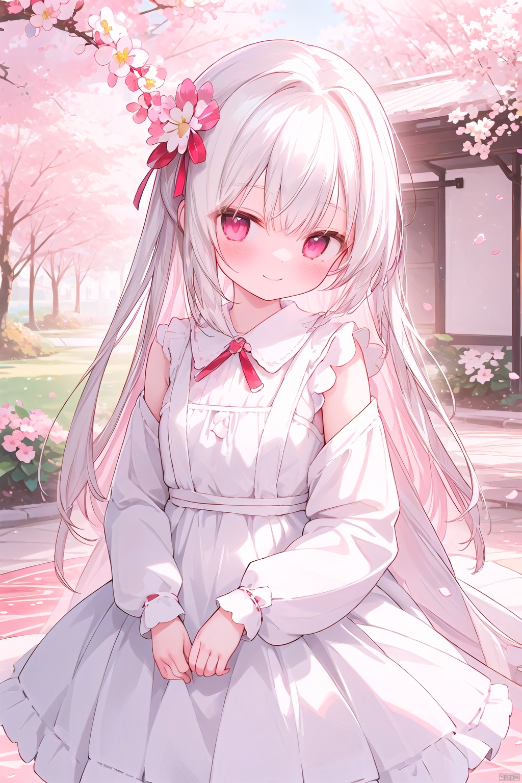 The image features a beautiful anime girl dressed in a flowing white and red dress, standing amidst a flurry of red cherry blossoms. The contrast between her white dress and the red flowers creates a striking visual effect. The lighting in the image is well-balanced, casting a warm glow on the girl and the surrounding flowers. The colors are vibrant and vivid, with the red cherry blossoms standing out against the white sky. The overall style of the image is dreamy and romantic, perfect for a piece of anime artwork. The quality of the image is excellent, with clear details and sharp focus. The girl's dress and the flowers are well-defined, and the background is evenly lit, without any harsh shadows or glare. From a technical standpoint, the image is well-composed, with the girl standing in the center of the frame, surrounded by the blossoms. The use of negative space in the background helps to draw the viewer's attention to the girl and the flowers. The cherry blossoms, often associated with transience and beauty, further reinforce this theme. The girl, lost in her thoughts, seems to be contemplating the fleeting nature of beauty and the passage of time. Overall, this is an impressive image that showcases the photographer's skill in capturing the essence of a scene, as well as their ability to create a compelling narrative through their art.catgirl,loli,white hair,pink eyes,1girl,loli,smile,blush,(1girl,loli,evil smile,blush),