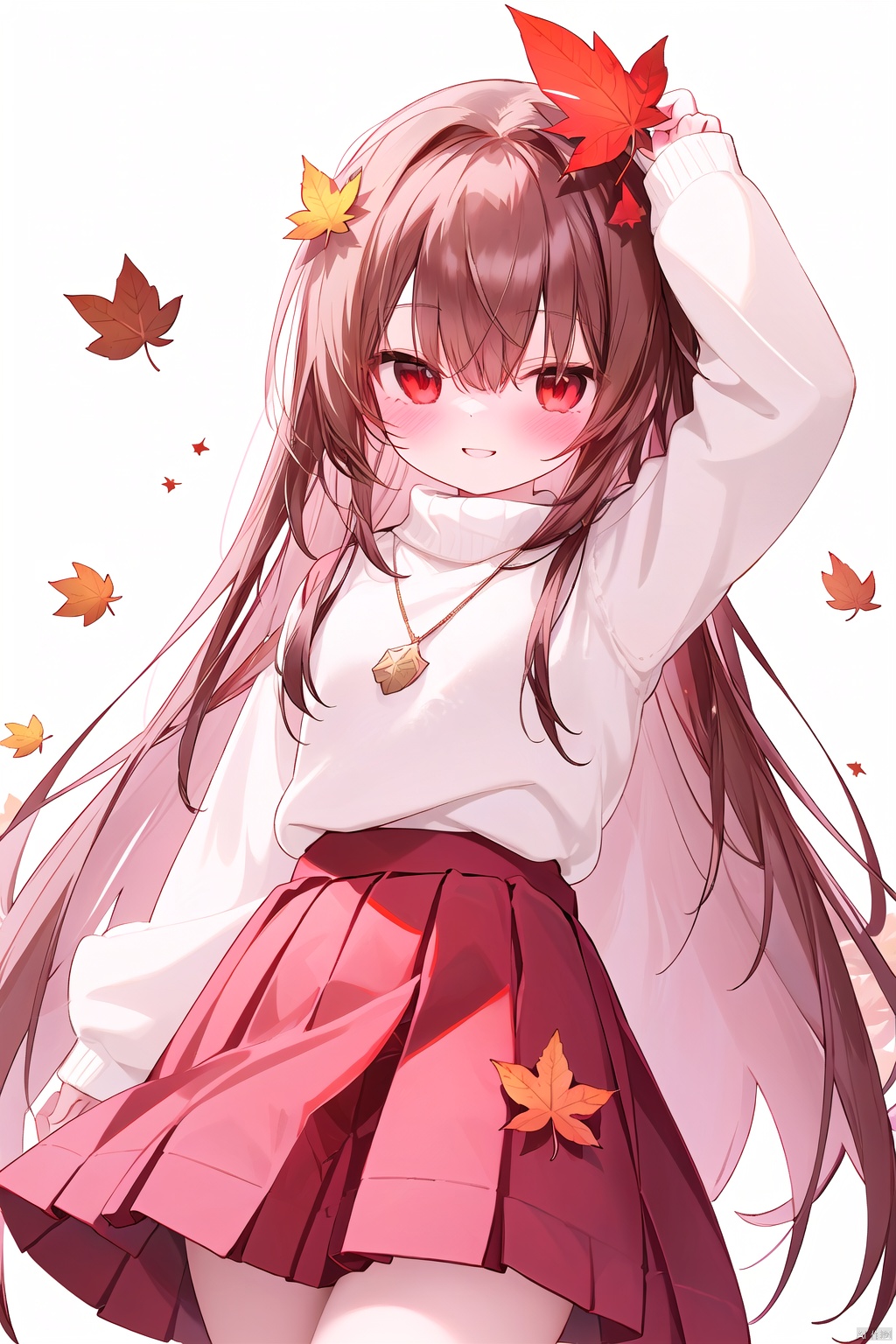  solo, long hair, red eyes, skirt, brown hair, leaf, bangs, white background, holding leaf, long sleeves, looking at viewer, holding, pleated skirt, parted lips, autumn leaves, white sweater, simple background, sweater, arm up, brown skirt, red skirt, maple leaf, very long hair, shirt, white shirt, ia-style(1girl,loli,evil smile,blush),