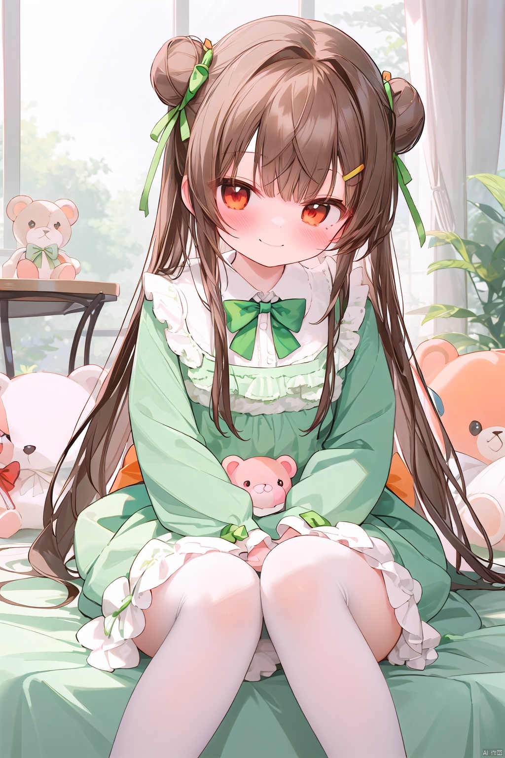 1girl, loli, smile, blush, stuffed animal, stuffed toy, solo, dress, long hair, sitting, looking at viewer, teddy bear, holding stuffed toy, long sleeves, hair ornament, hair bun, bow, green dress, orange bow, plaid, blush, socks, frills, bangs, closed mouth, holding, red eyes, orange bowtie, flower, feet out of frame, ribbon, hair ribbon, single side bun, green bow, brown hair, table, blanket, black ribbon, hairclip, collar, bowtie, (1girl, loli, evil smile, blush),<lora:EMS-264074-EMS:0.600000>,<lora:EMS-262170-EMS:0.600000>