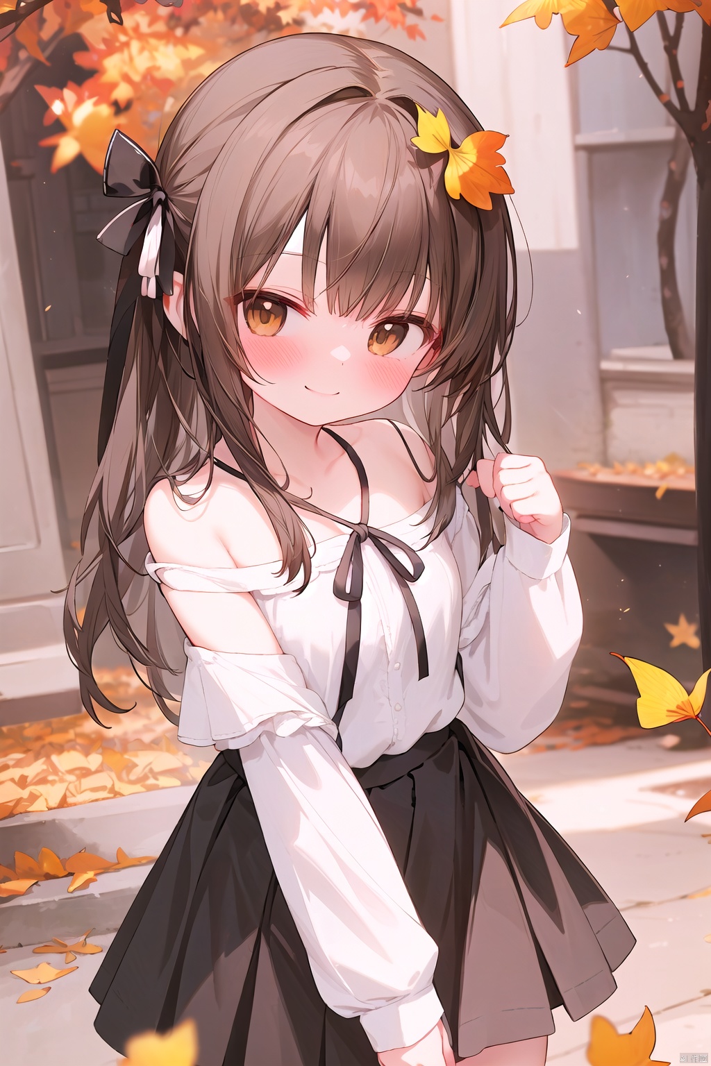 solo,  holding leaf,  long hair,  ginkgo leaf,  brown eyes,  skirt,  looking at viewer,  holding,  ribbon,  hair ribbon,  long sleeves,  shirt,  blurry,  leaf,  blurry background,  bangs,  off shoulder,  brown skirt,  black ribbon,  brown hair,  blush,  depth of field,  white shirt,  hand up,  autumn leaves,  black shirt, (1girl, loli, evil smile, blush),<lora:EMS-264074-EMS:0.500000>,<lora:EMS-262170-EMS:0.600000>