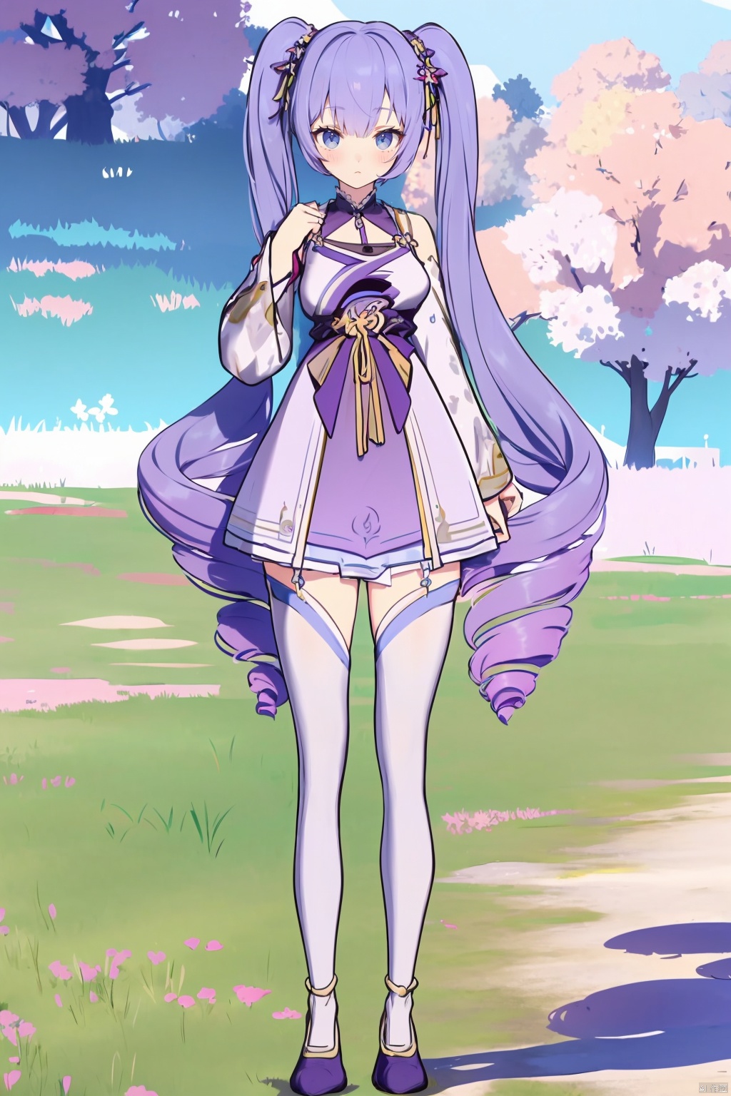 1girl, solo, thighhighs, purple hair, twintails, long hair, smile, full body, dress, very long hair, tree, blue eyes, detached sleeves, looking at viewer, standing, outdoors, white thighhighs, bangs, bare shoulders