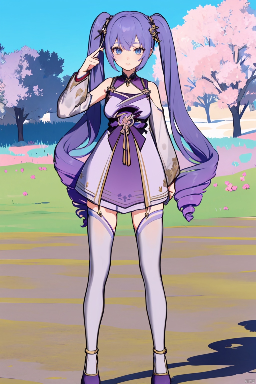 1girl, solo, thighhighs, purple hair, twintails, long hair, smile, full body, dress, very long hair, tree, blue eyes, detached sleeves, looking at viewer, standing, outdoors, white thighhighs, bangs, bare shoulders, 1111