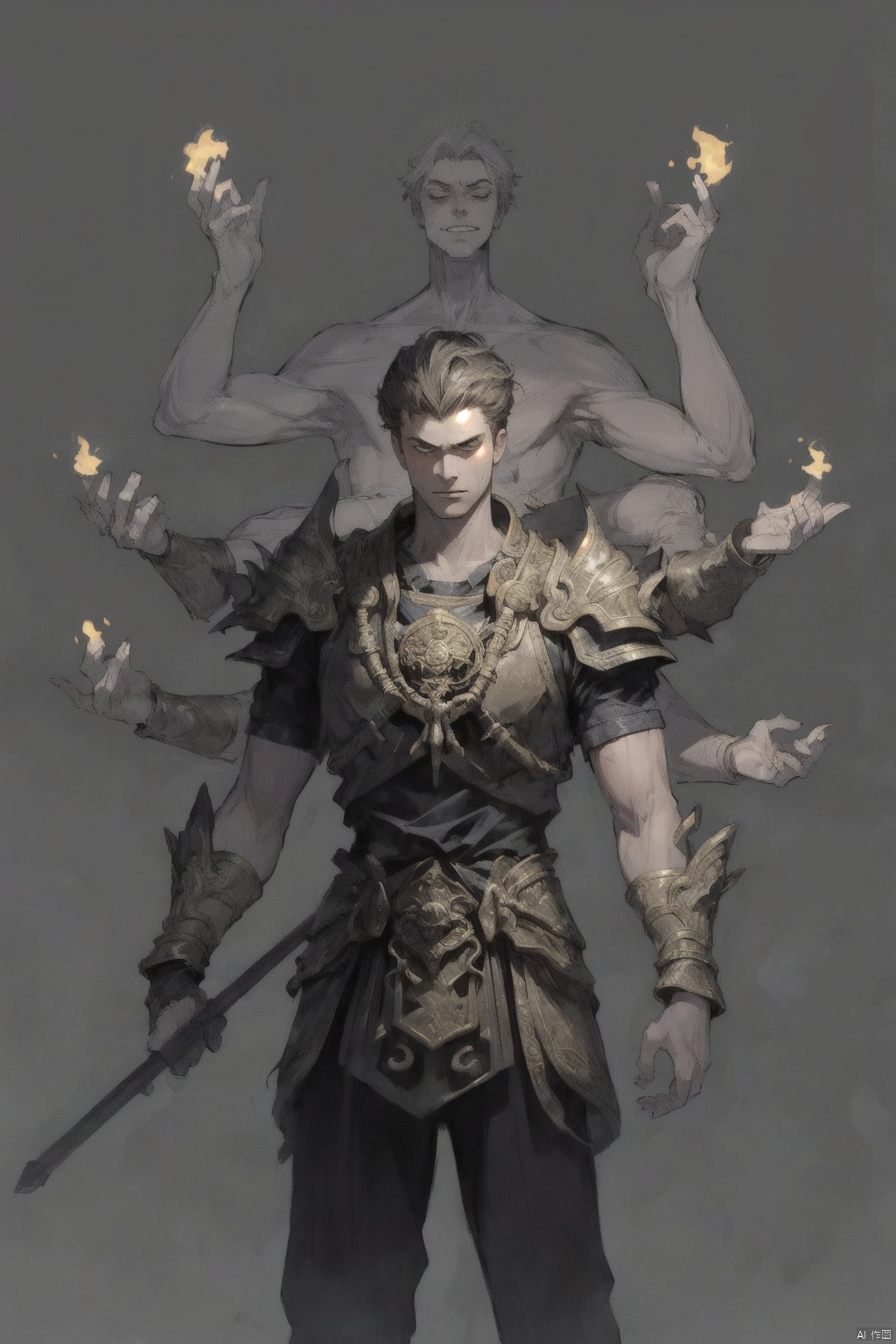  (1boy:1.6),solo,mature,incredibly absurdres,absurdres,realistic,full_shot,, Multiple arms, Bronze_ Armor