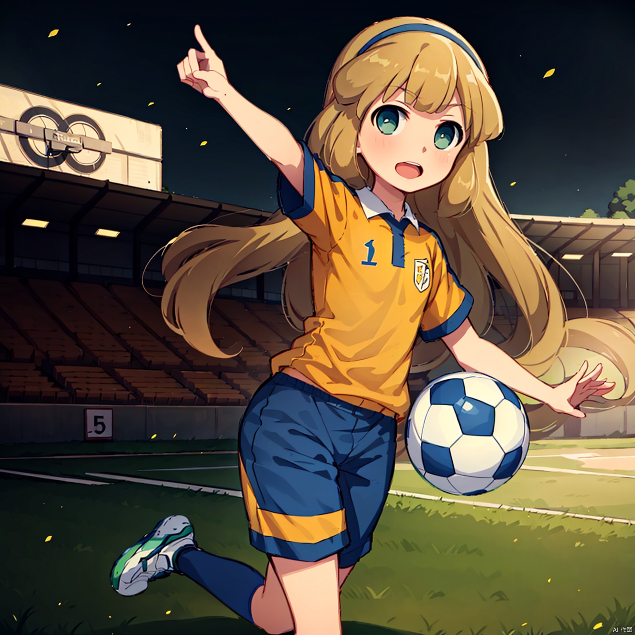 masterpiece, best quality, 1girl, loli, nanobana kinako, solo,  long hair,  open mouth,  blonde hair,  green eyes,  hairband,  ball,  sportswear,  soccer uniform,  lightning bolt symbol,  soccer ball,  raimon,  soccer,  telstar,  raimon soccer uniform, day, Football Field, Kick a ball,<lora:EMS-264108-EMS:0.800000>