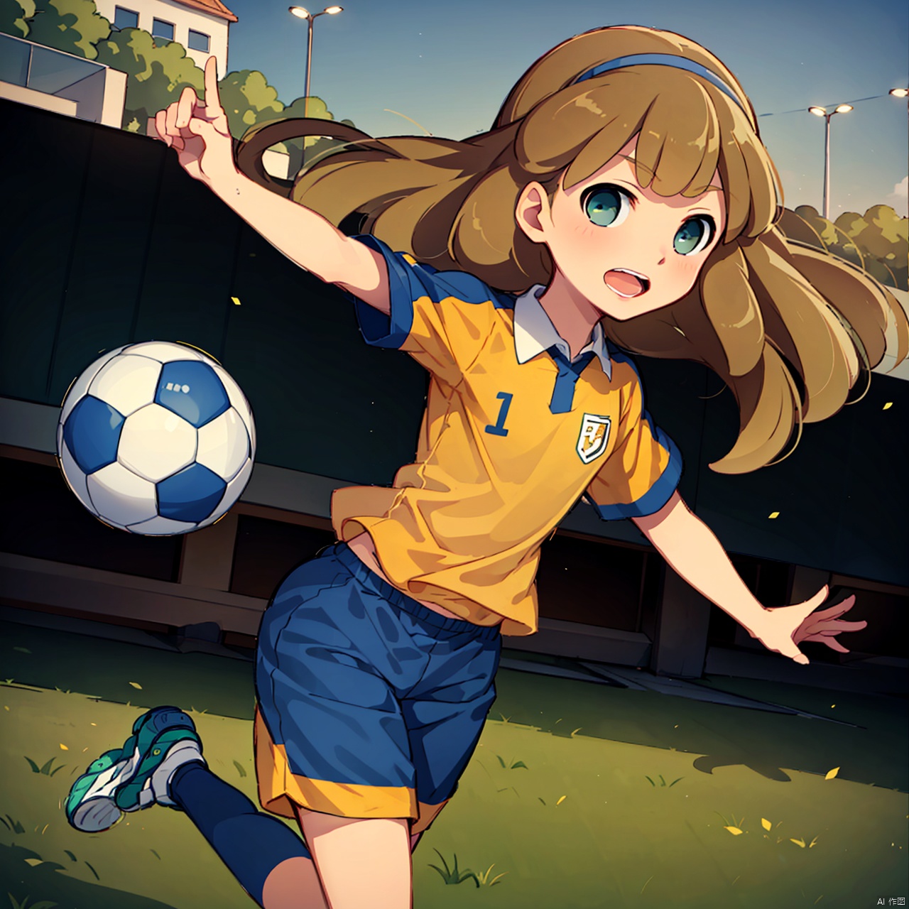 masterpiece, best quality, 1girl, loli, nanobana kinako, solo,  long hair,  open mouth,  blonde hair,  green eyes,  hairband,  ball,  sportswear,  soccer uniform,  lightning bolt symbol,  soccer ball,  raimon,  soccer,  telstar,  raimon soccer uniform, During the day,  the football field, Kick a ball,<lora:EMS-264108-EMS:0.800000>
