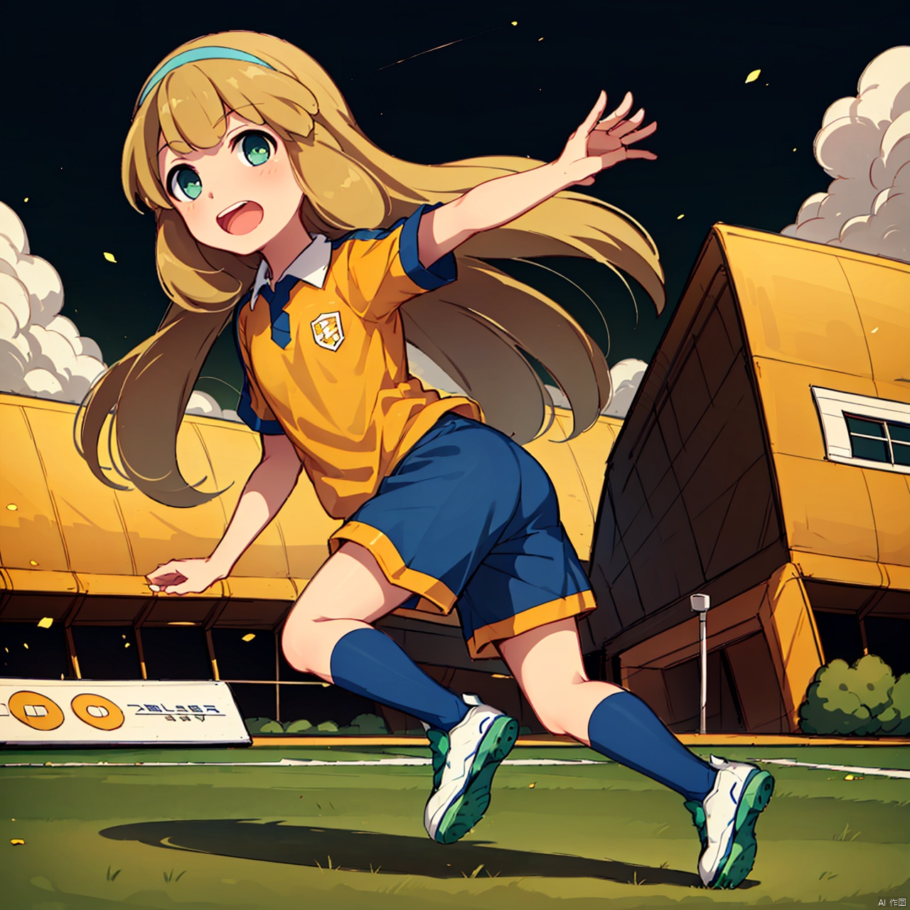 masterpiece, best quality, 1girl, loli, nanobana kinako, solo,  long hair,  open mouth,  blonde hair,  green eyes,  hairband,  ball,  sportswear,  soccer uniform,  lightning bolt symbol,  soccer ball,  raimon,  soccer,  telstar,  raimon soccer uniform, (day), Football Field, Kick a ball,<lora:EMS-264108-EMS:0.800000>