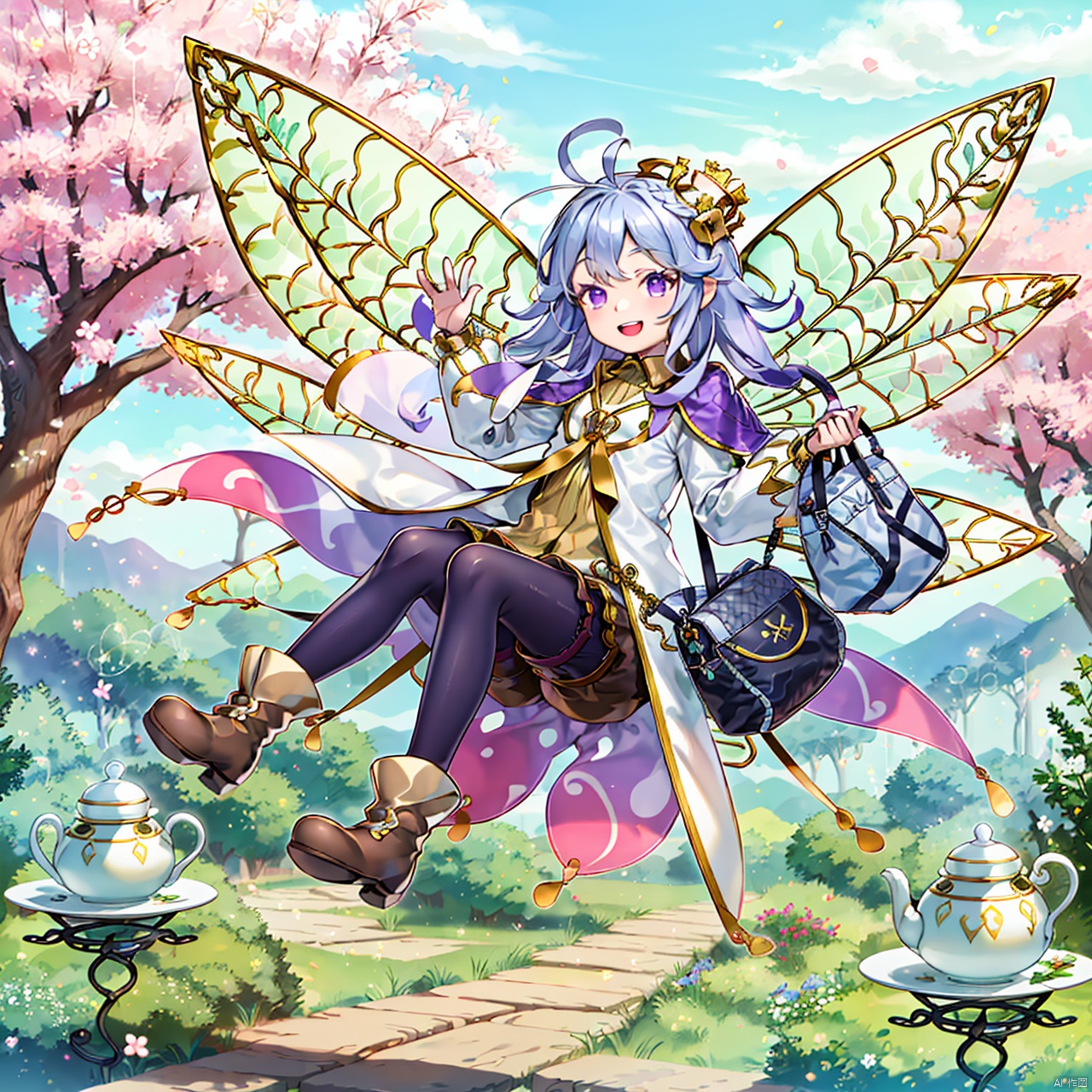  masterpiece,best quality,1girl,loli,Aroma,solo, long hair, smile, open mouth, hair ornament, long sleeves, purple eyes, full body, flower, ahoge, :d, pantyhose, boots, wings, shorts, bag, tree, cup, brown footwear, crown, teacup, fairy wings, fairy, teapot,