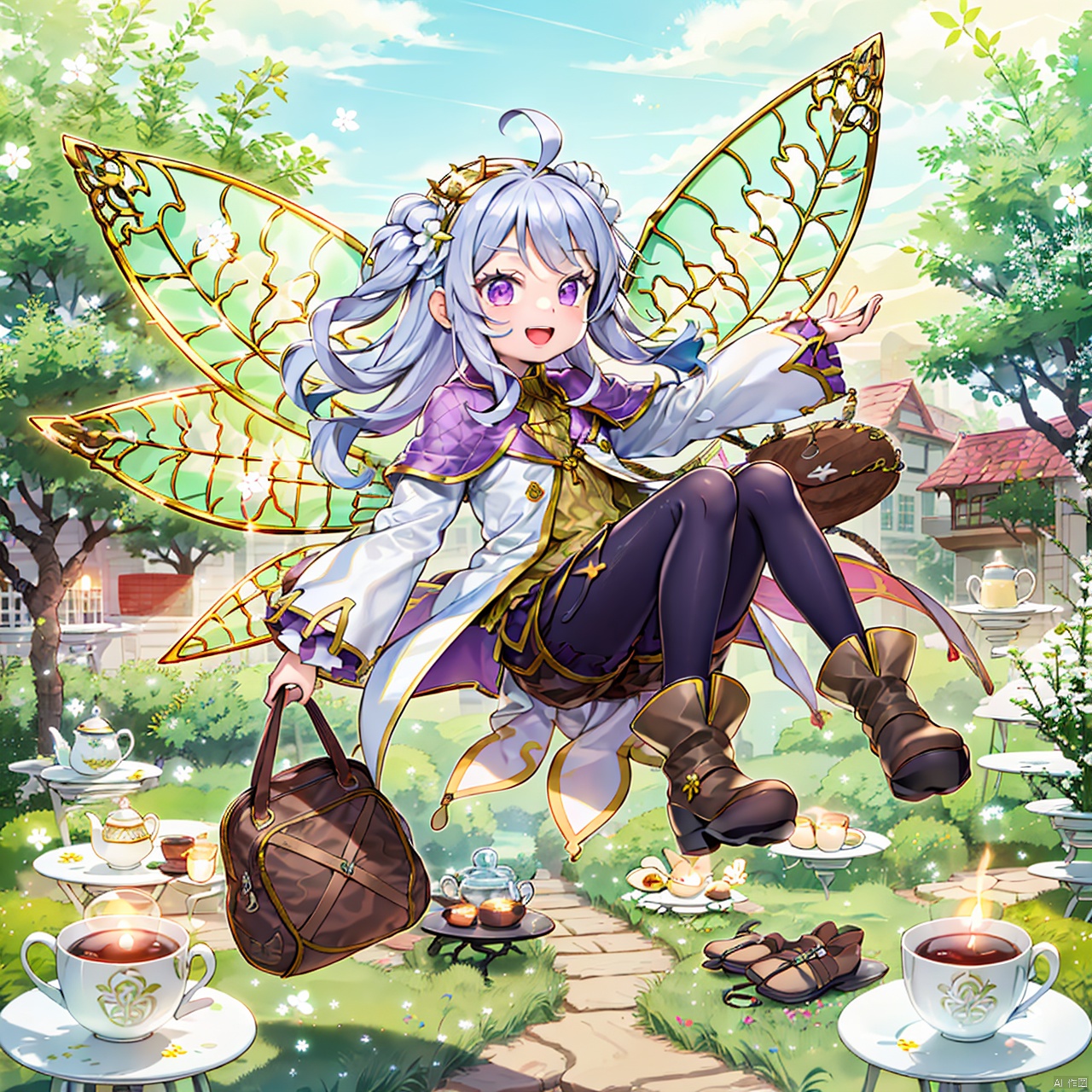  masterpiece,best quality,1girl,loli,Aroma,solo, long hair, smile, open mouth, hair ornament, long sleeves, purple eyes, full body, flower, ahoge, :d, pantyhose, boots, wings, shorts, bag, tree, cup, brown footwear, crown, teacup, fairy wings, fairy, teapot,
