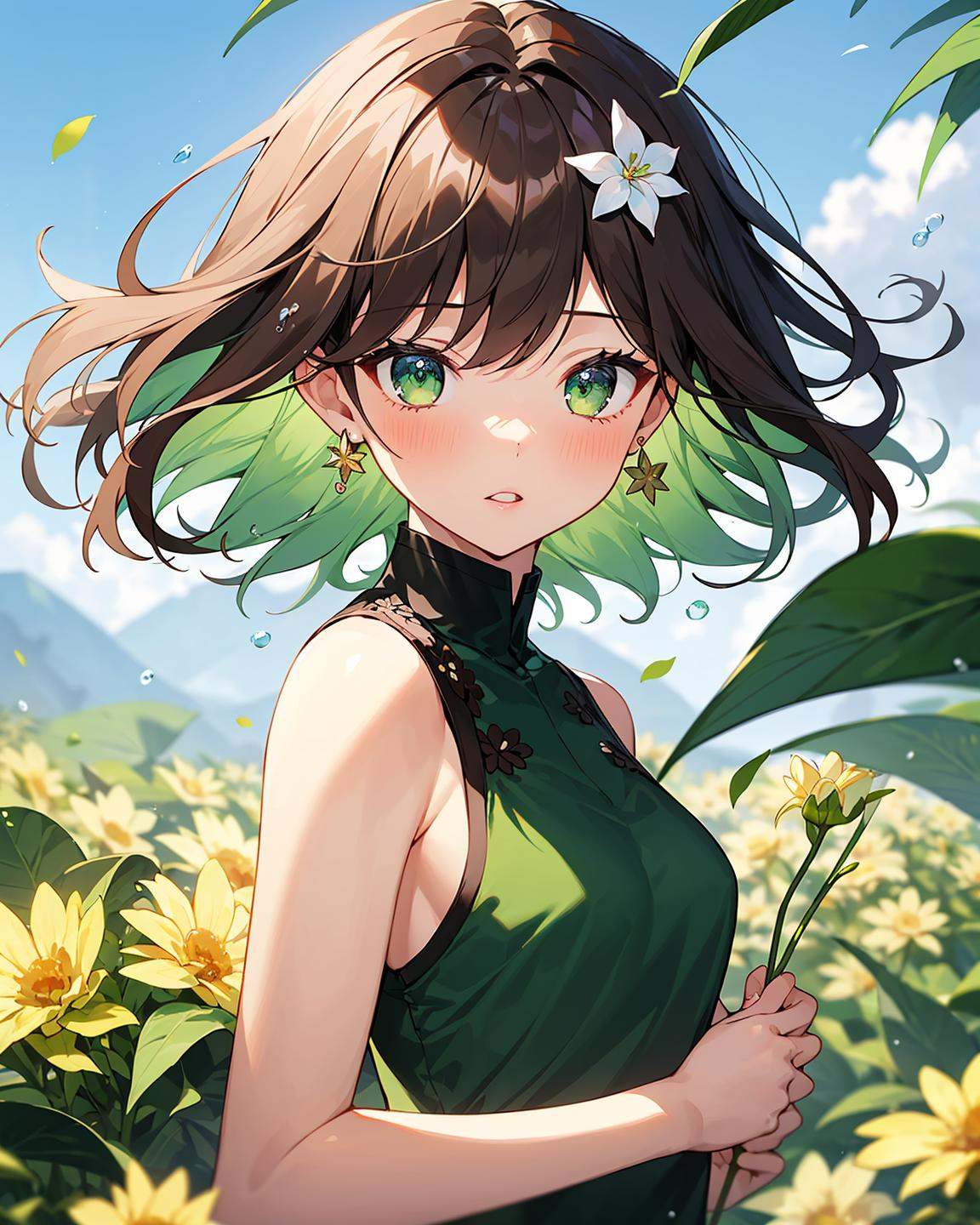 1girl,solo,looking_at_viewer,blush,bangs,brown_hair,hair_ornament,dress,holding,bare_shoulders,green_eyes,upper_body,flower,earrings,parted_lips,green_hair,sleeveless,hair_flower,medium_hair,blurry,sleeveless_dress,floating_hair,leaf,white_flower,green_dress,water_drop,blurry_foreground,bouquet,yellow_flower,, masterpiece, best quality