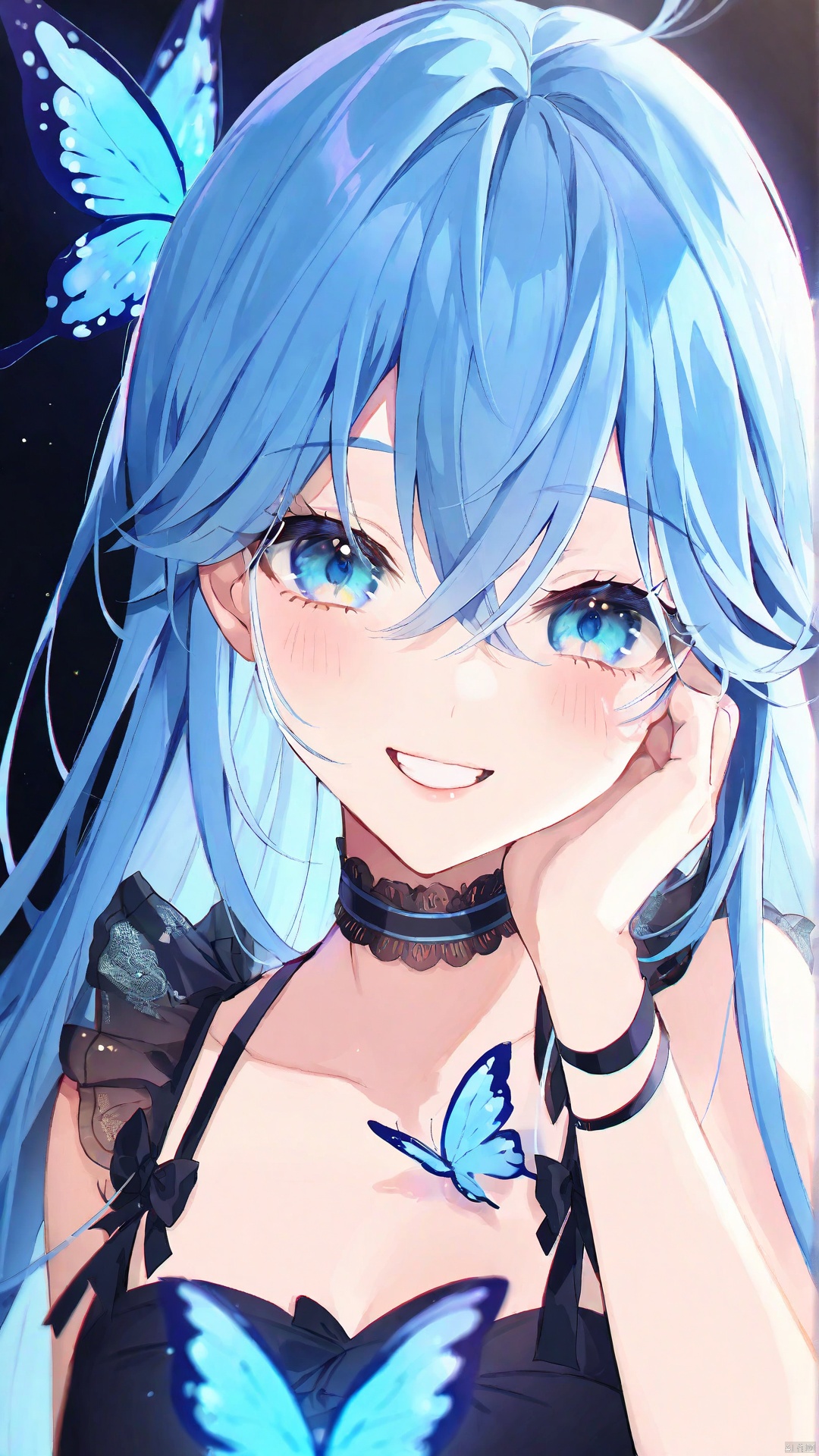 1girl, solo, long hair, looking at viewer, blush, smile, bangs, blue eyes, hair between eyes, blue hair, choker, bug, butterfly, hand on own face, blue butterfly