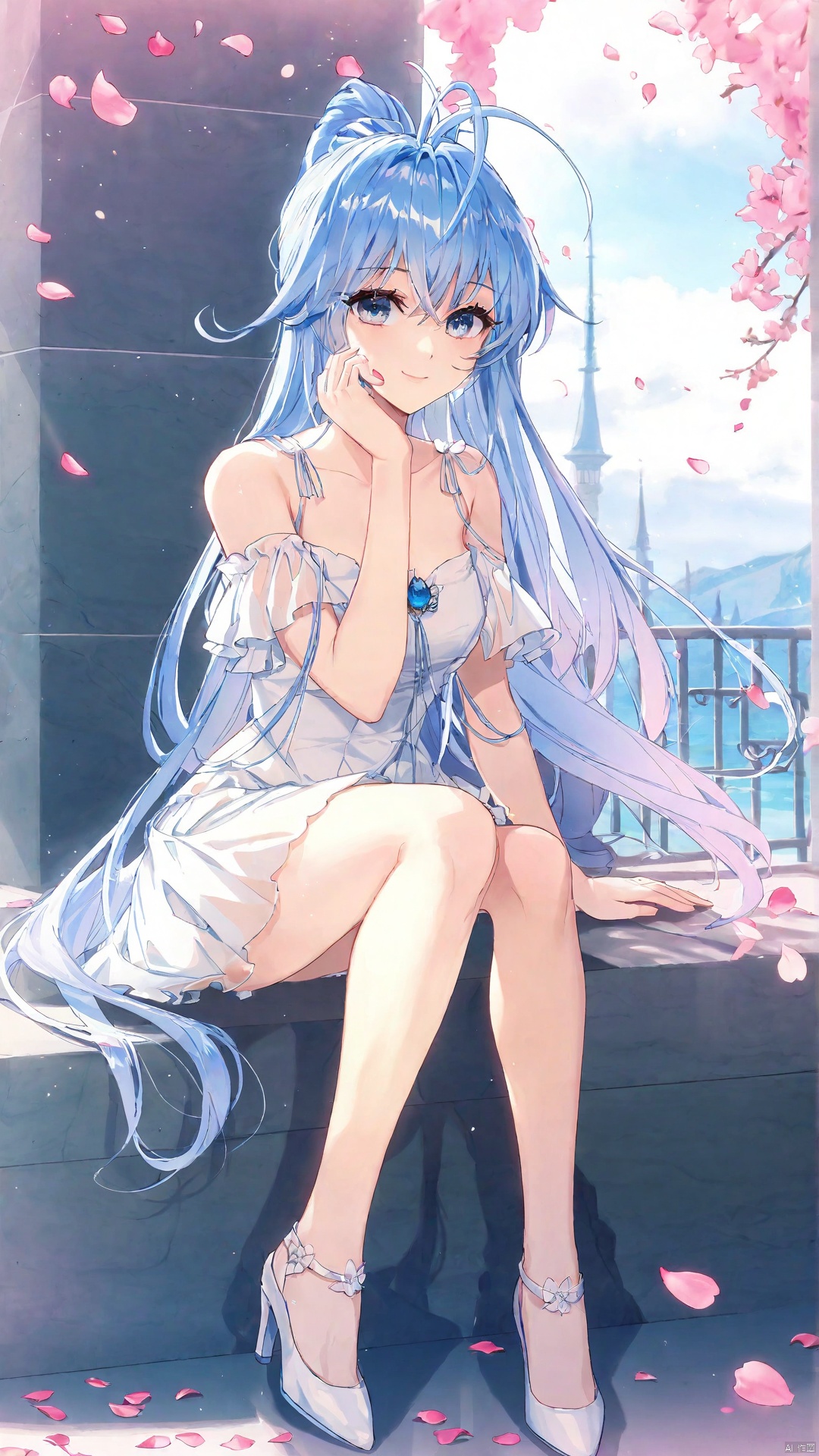 1girl, solo, long hair, looking at viewer, smile, bangs, blue eyes, dress, bare shoulders, sitting, very long hair, closed mouth, blue hair, collarbone, full body, off shoulder, white dress, high heels, petals, white footwear, antenna hair, hand on own face, off-shoulder dress