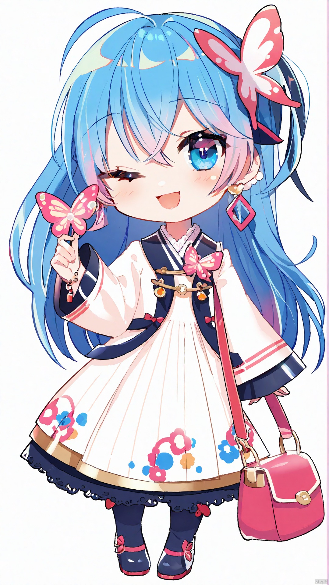 1girl, solo, long hair, smile, blue eyes, simple background, hair ornament, long sleeves, white background, holding, jewelry, blue hair, full body, pink hair, pantyhose, multicolored hair, earrings, one eye closed, bag, chibi, watermark, antenna hair, hand fan, handbag, shoulder bag, butterfly hair ornament, holding fan, weibo logo