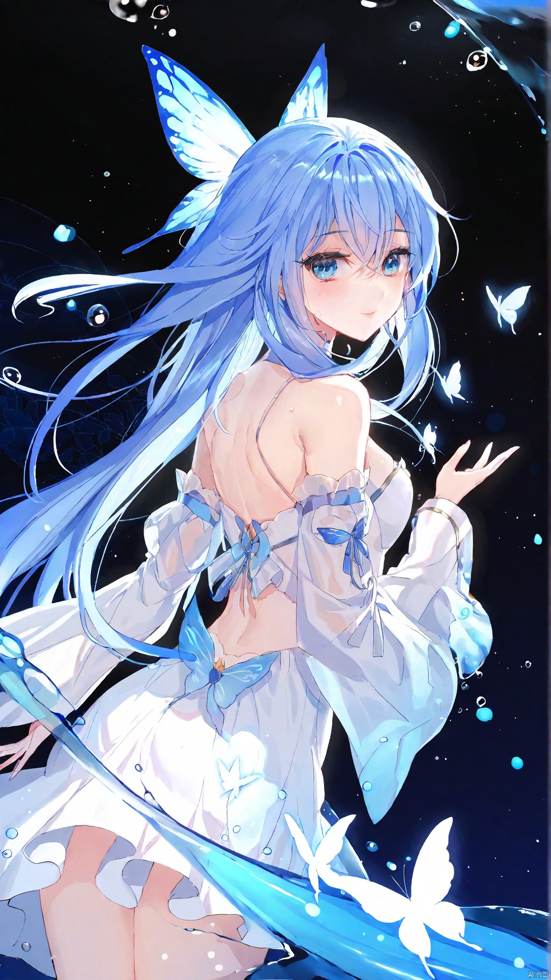  1girl, solo, long hair, breasts, looking at viewer, blush, bangs, blue eyes, hair ornament, long sleeves, dress, hair between eyes, bare shoulders, very long hair, closed mouth, blue hair, detached sleeves, looking back, wide sleeves, from behind, white dress, shiny hair, bug, butterfly, bubble, butterfly hair ornament, blue butterfly