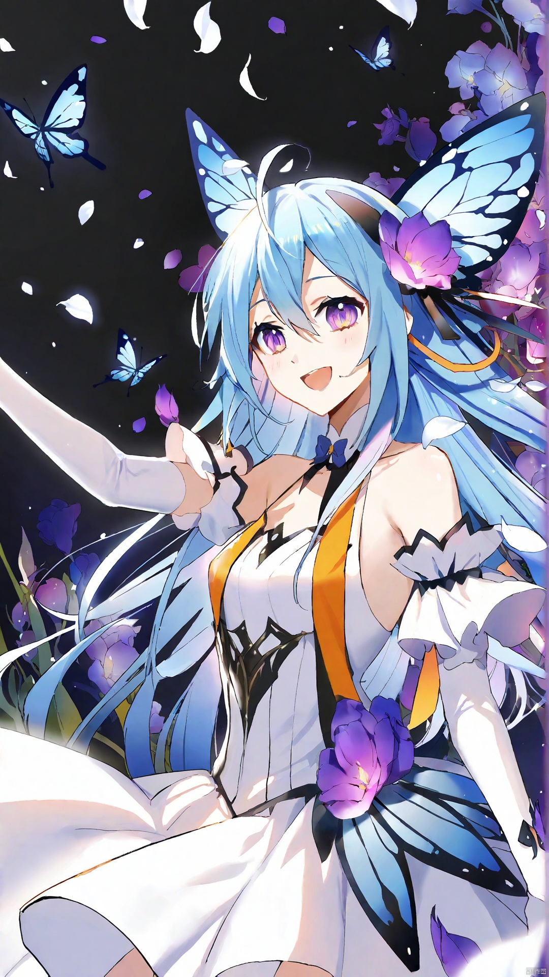  1girl, solo, long hair, smile, open mouth, gloves, dress, blue hair, purple eyes, upper body, flower, multicolored hair, elbow gloves, white dress, petals, bug, butterfly