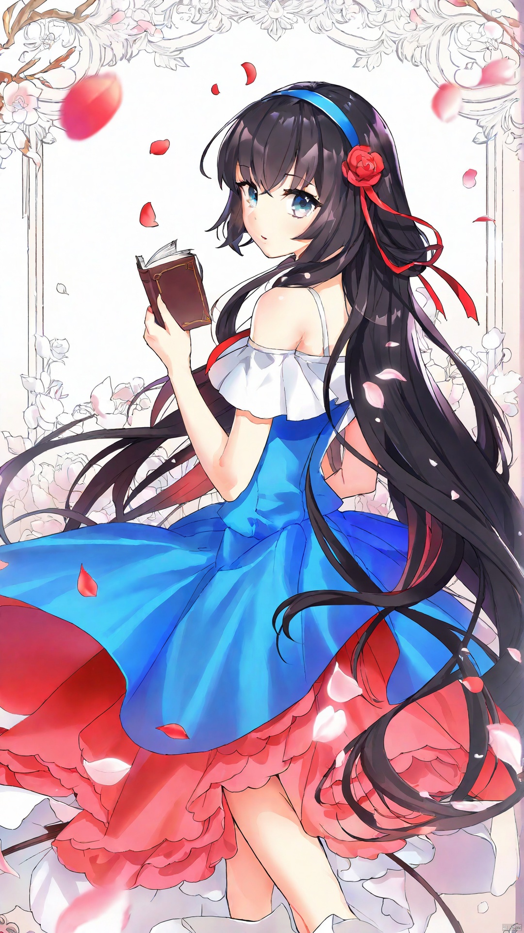 1girl, solo, long hair, looking at viewer, black hair, dress, flower, hairband, looking back, book, petals