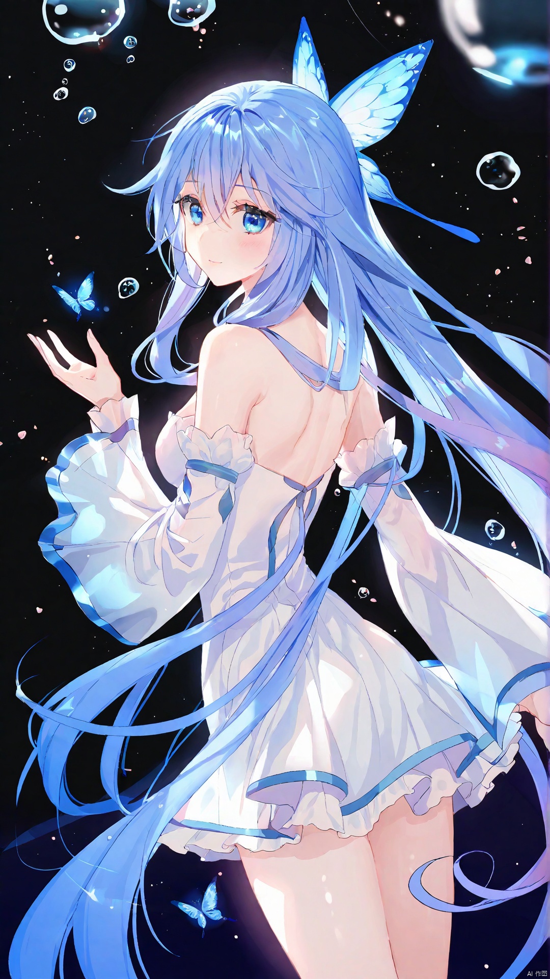  1girl, solo, long hair, breasts, looking at viewer, blush, bangs, blue eyes, hair ornament, long sleeves, dress, hair between eyes, bare shoulders, very long hair, closed mouth, blue hair, detached sleeves, looking back, wide sleeves, from behind, white dress, shiny hair, bug, butterfly, bubble, butterfly hair ornament, blue butterfly
