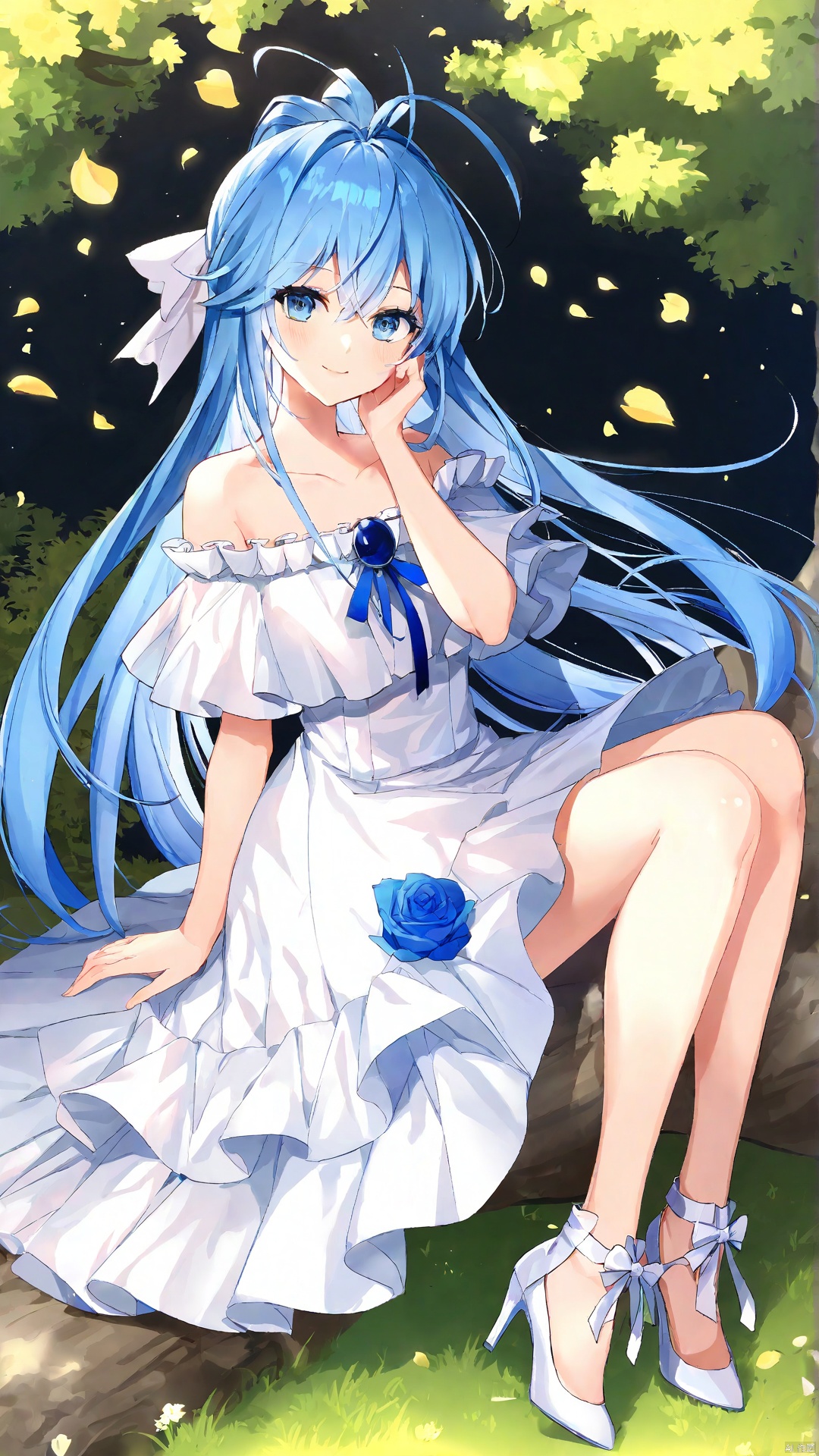 1girl, solo, long hair, looking at viewer, smile, bangs, blue eyes, dress, bare shoulders, sitting, very long hair, closed mouth, blue hair, collarbone, full body, off shoulder, white dress, high heels, petals, white footwear, antenna hair, hand on own face, off-shoulder dress