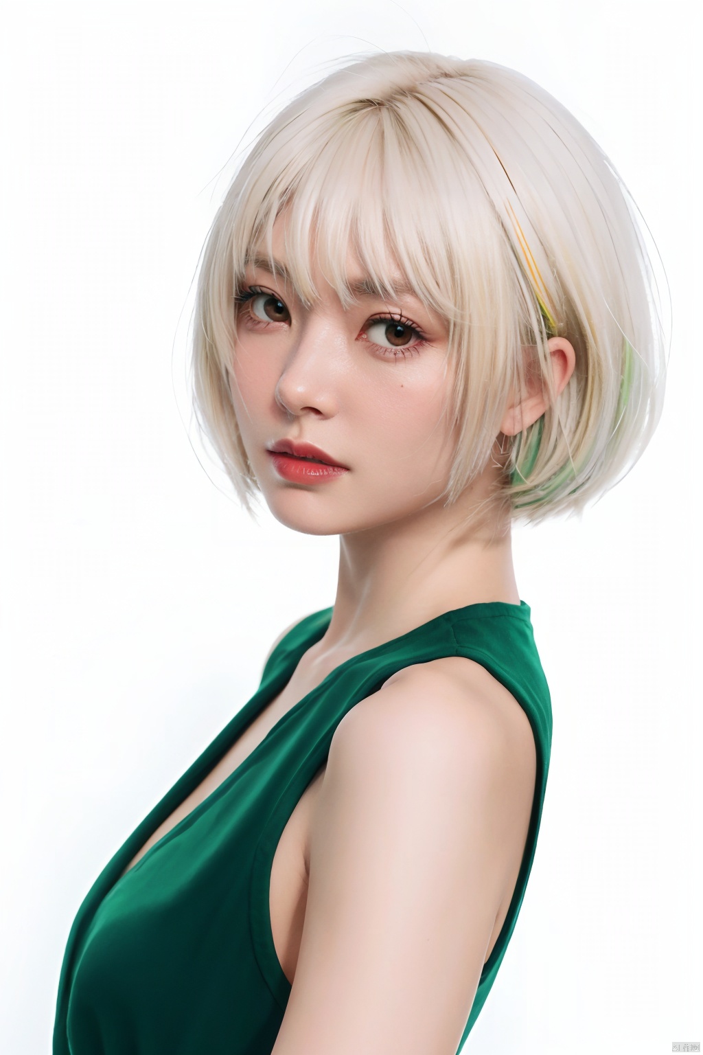  blunt bangs, masterpiece, best quality, best illustration, ultra-detailed, upper body, solo, 1 girl, looking at viewer, upright, arms at sides, beautiful detailed eyes, concept art, white background, simple background, white hair, green gradient hair, expressionless, blush, virtual youtuber, short hair,blonde hair, monkren
