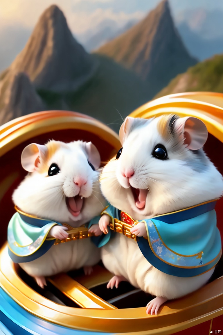 
(best quality, realistic), Two hamster, Above the twisting mountain range, a roller coaster cuts through the sky like a dazzling silver track. Two hamster, dressed in vibrant Hanfu, joyfully sit on top of the coaster. Their eyes sparkle with excitement, their mouths curve into happy smiles