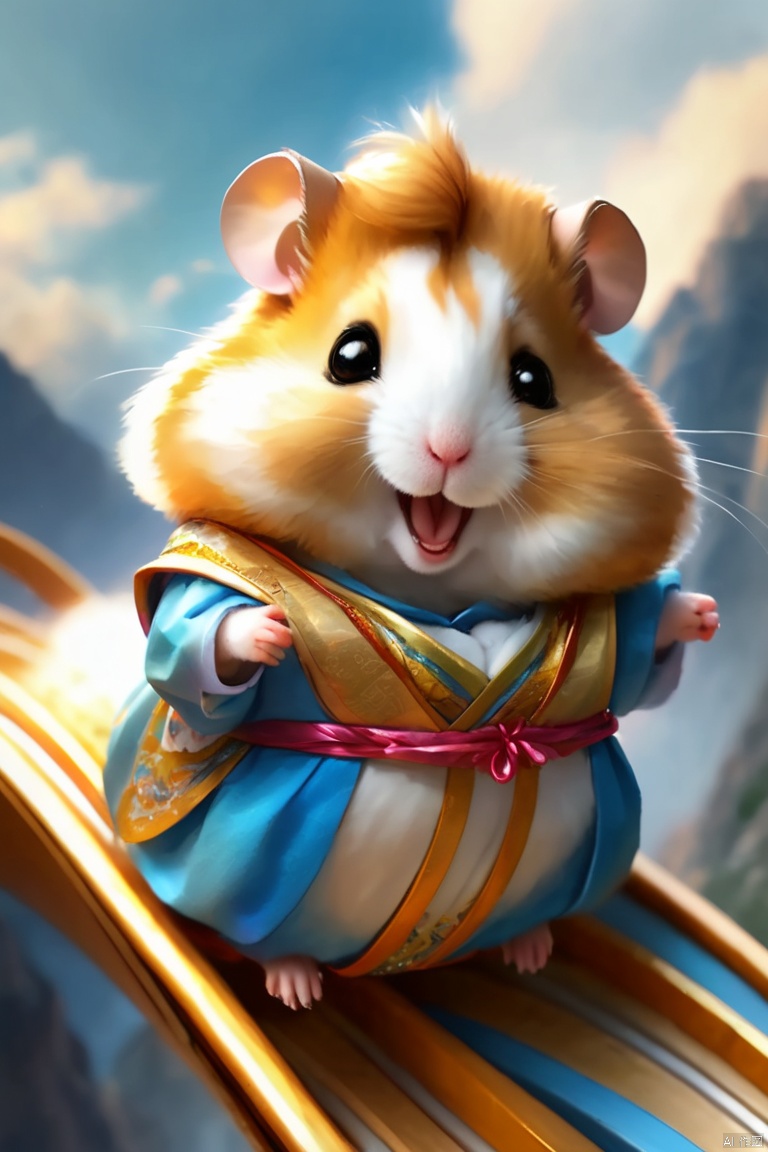 Huge
(best quality, realistic), Two hamster, Above the twisting mountain range, a roller coaster cuts through the sky like a dazzling silver track. Two hamster, dressed in vibrant Hanfu, joyfully sit on top of the coaster. Their eyes sparkle with excitement, their mouths curve into happy smiles