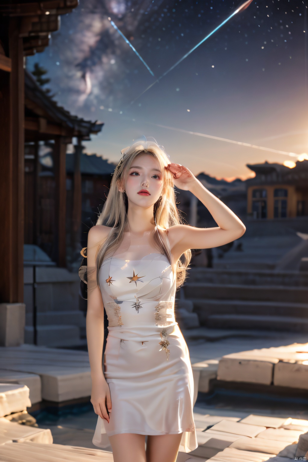 (silver,  glimmer)), contrast, phenomenal aesthetic, best quality, sumptuous artwork, (masterpiece), (best quality), (ultra-detailed), (((illustration))), ((an extremely delicate and beautiful)), (detailed light), cold theme, broken glass, broken wall, ((an array of stars)), ((starry sky)), the Milky Way, star, Reflecting the starry water surface,(1girl:1.3), awhite hair, blinking, white dress, closed mouth, constel lation, flat color, white hair, braid, blinking, white robe, barefoot, float, flat color, looking up, standing, medium hair, standing, solo, space, universe, Nebula, many stars, fanxing