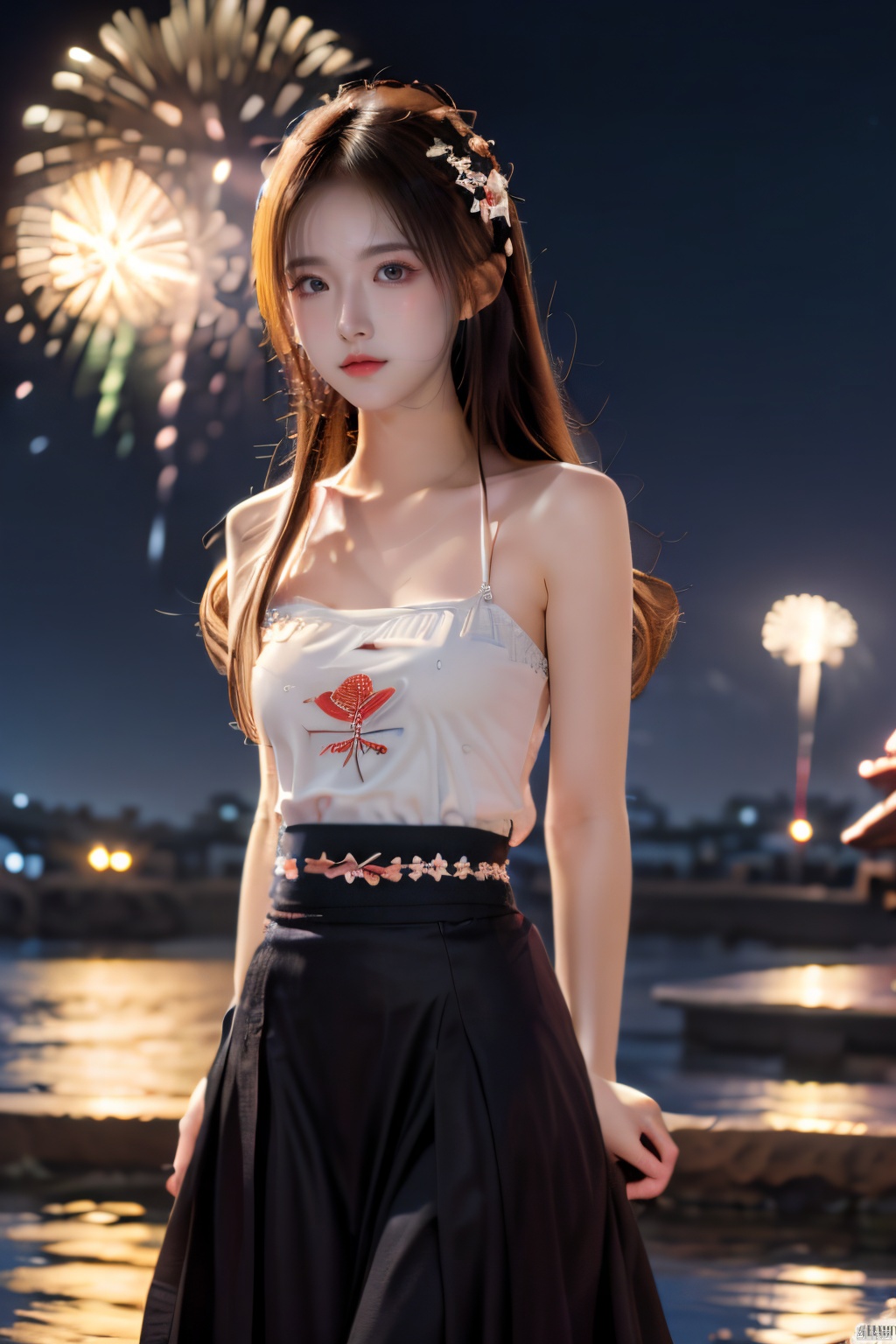 ((extremely detailed CG unity 8k wallpaper)),(masterpiece), (best quality), (ultra-detailed), (best illustration),(best shadow), (an extremely delicate and beautiful), ((((1girl)))), dynamic angle, floating, finely detail, (bloom), (shine), glinting stars, ((((best detailed fireworks)))), ((((depth of field)))), (((hanabi))), Beautiful detailed girl, (((backlight))), extremely delicate and beautiful girls, ((summer long skirt)), (((solo))), best detailed hair, ((beautiful detailed water)), night sky, (((small breast))), beautiful detailed sky, beautiful detailed eyes, (((arms behind back))), long hair, (((dynamic angle))), long skirt