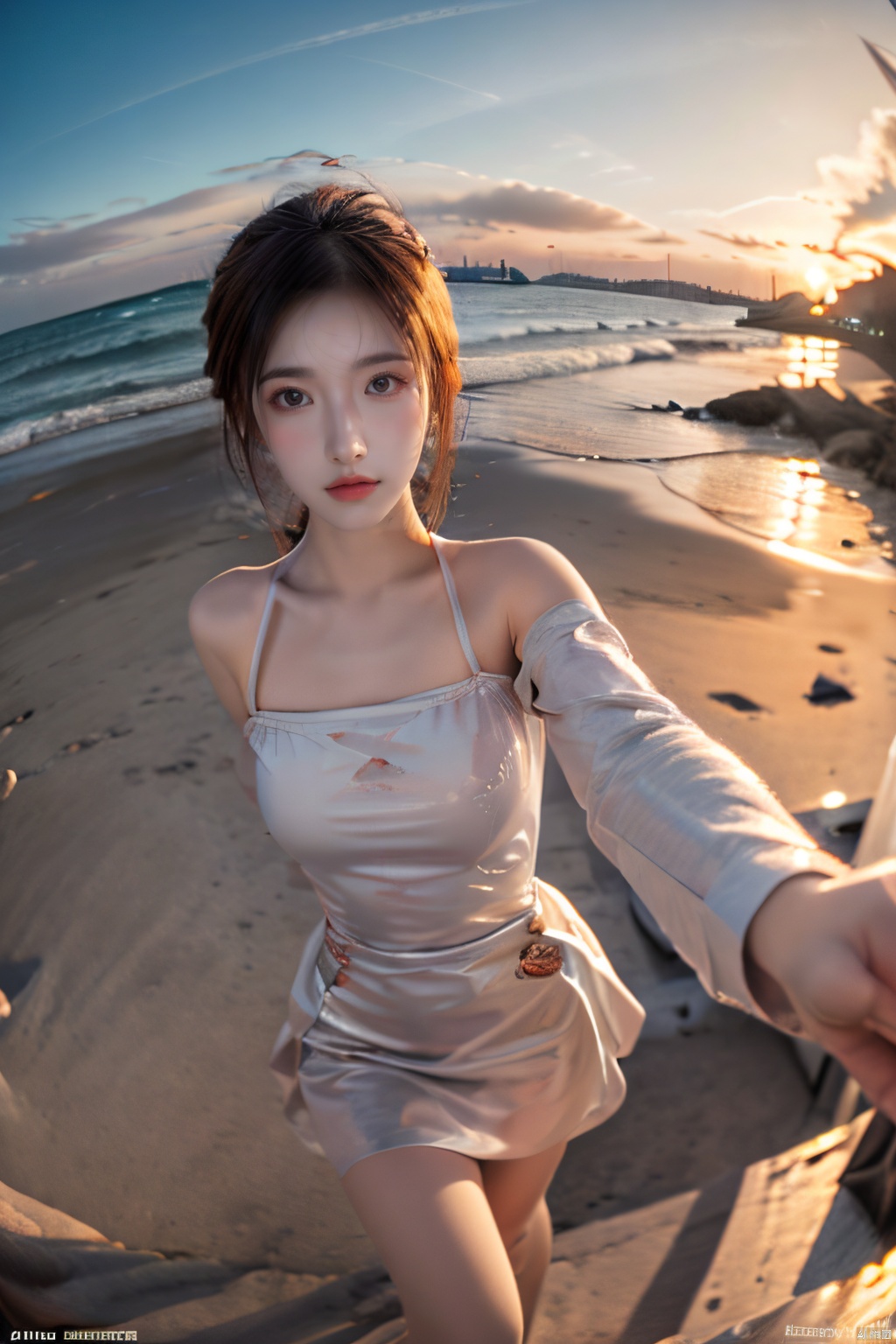 xxmix_girl,a woman takes a fisheye selfie on a beach at sunset, the wind blowing through her messy hair. The sea stretches out behind her, creating a stunning aesthetic and atmosphere with a rating of 1.2.,xxmix girl woman