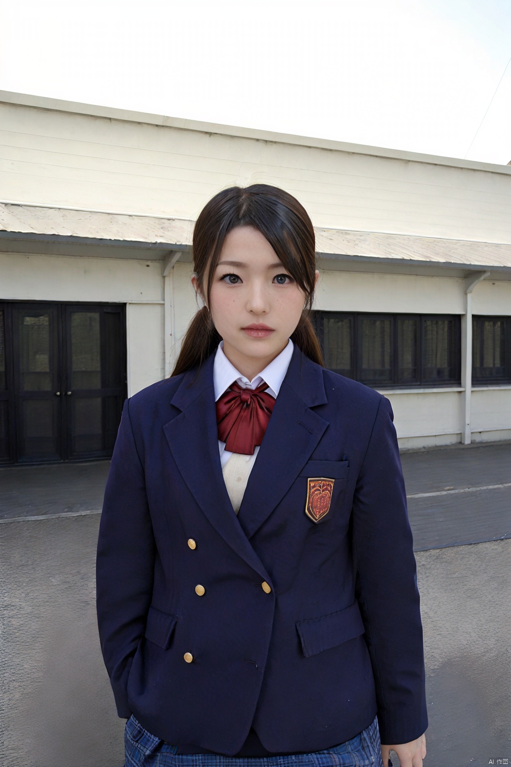 (1girl:1.3), (best quality, masterpiece, ultra high resolution),(photorealistic:1.3), (realistic:1.3), depth of field,(outdoors:1.2), (day:1.2), (cinematic lighting:1.2),  school uniform