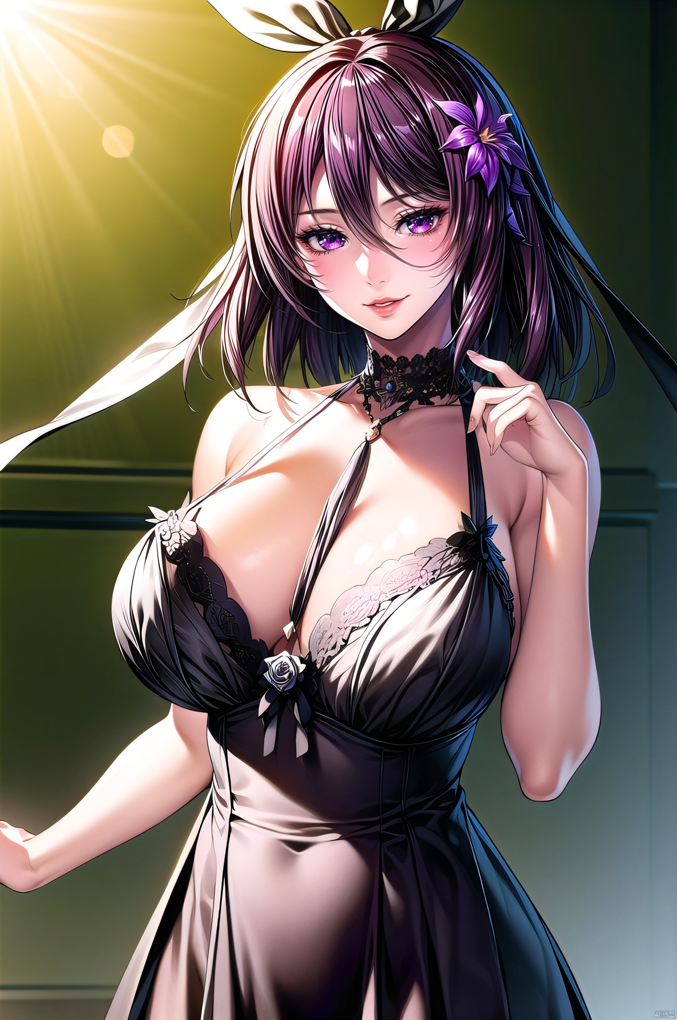 Shiranui, 1girl, breasts, solo, white background, cleavage, hair ornament, bare shoulders, ribbon, hair ribbon, upper body, flower, parted lips, large breasts, choker, hair flower, collarbone, lingerie, bangs, see-through, long hair, smile, dress, babydoll, purple hair, black dress, black ribbon, halterneck, facing viewer, lace, huge breasts,nice hands, perfect balance, looking at viewer, closed mouth, (Light_Smile:0.3), official art, extremely detailed CG unity 8k wallpaper, perfect lighting, Colorful, Bright_Front_face_Lighting, White skin, (masterpiece:1), (best_quality:1), ultra high res, 4K, ultra-detailed, photography, 8K, HDR, highres, absurdres:1.2, Kodak portra 400, film grain, blurry background, bokeh:1.2, lens flare, (vibrant_color:1.2), professional photograph, (narrow_waist), , dark studio, , Shiranui