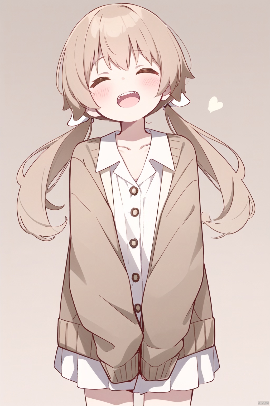 30710, 1girl, solo,light brown hair, twintails, blush, smile, shirt, white shirt, long shirt, ^ ^, brown cardigan, cardigan, closed eyes, collarbone, cropped legs, long sleeves, sleeves past fingers, sleeves past wrists, upper teeth only, teeth, white background