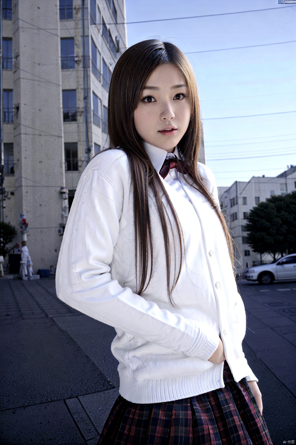(1girl:1.3), (best quality, masterpiece, ultra high resolution),(photorealistic:1.3), (realistic:1.3), depth of field,(outdoors:1.2), (day:1.2), (cinematic lighting:1.2),  school uniform,