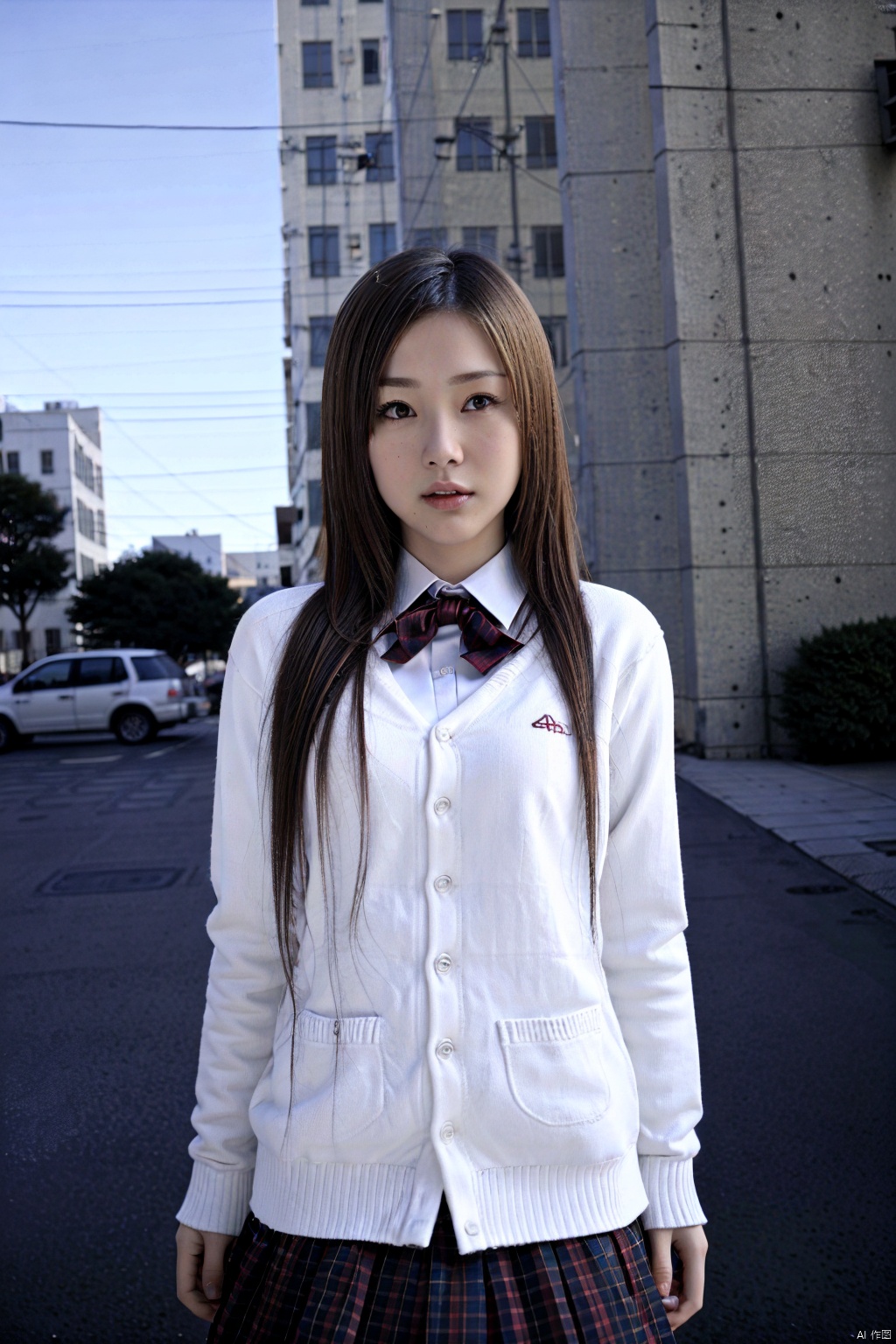 (1girl:1.3), (best quality, masterpiece, ultra high resolution),(photorealistic:1.3), (realistic:1.3), depth of field,(outdoors:1.2), (day:1.2), (cinematic lighting:1.2),  school uniform,