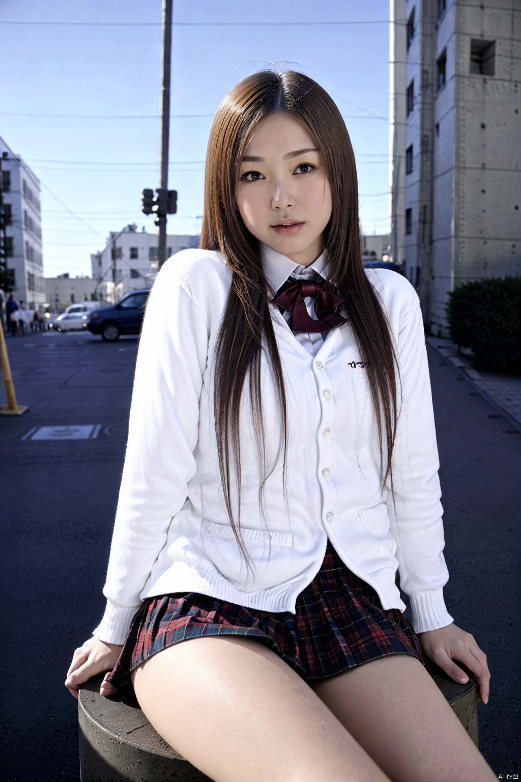 (1girl:1.3), (best quality, masterpiece, ultra high resolution),(photorealistic:1.3), (realistic:1.3), depth of field,(outdoors:1.2), (day:1.2), (cinematic lighting:1.2),  school uniform, sitting