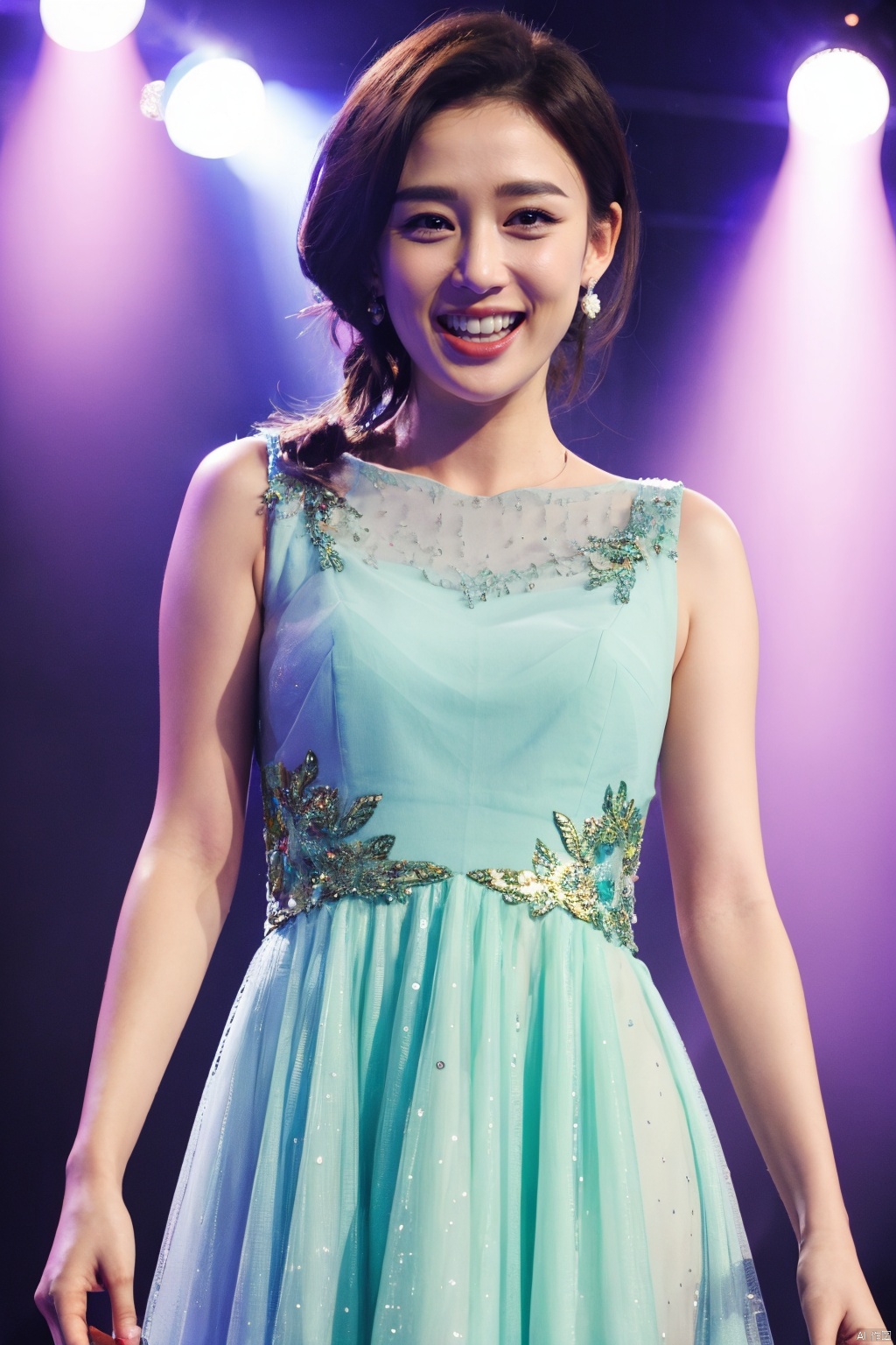 1woman,cowboy shot,dress,makeup,lipstick,looking at viewer,open mouth,smile,teeth,stage,stage light,chenqiaoen