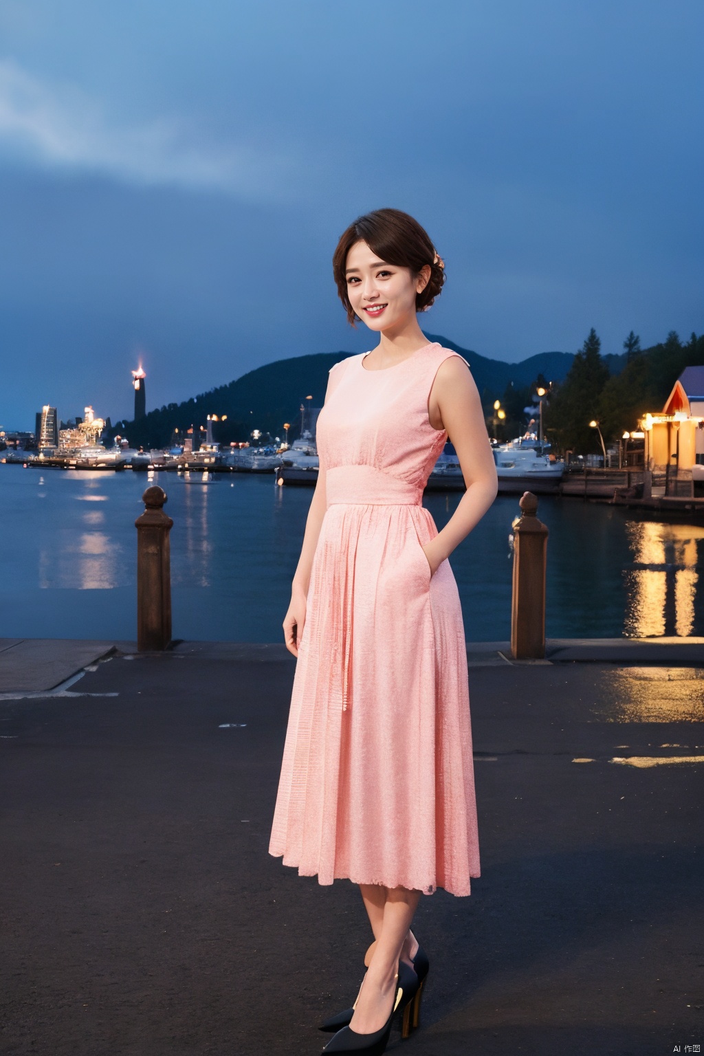  PHOTOREALISTIC REALISTIC, masterpiece, best quality, highres, ultra detailed, 8k,1woman,full body,looking at viewer,smile,outdoors,night,chenqiaoen