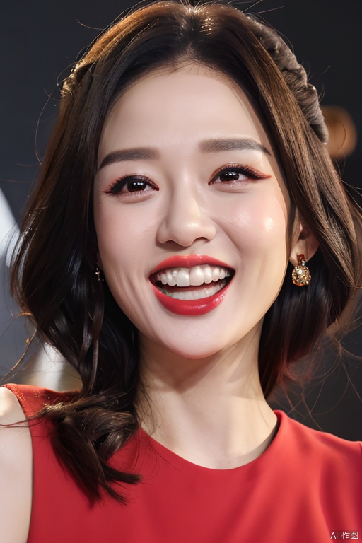 1woman,portrait,looking at viewer,makeup,lipstick,open mouth,smile,teeth,chenqiaoen
