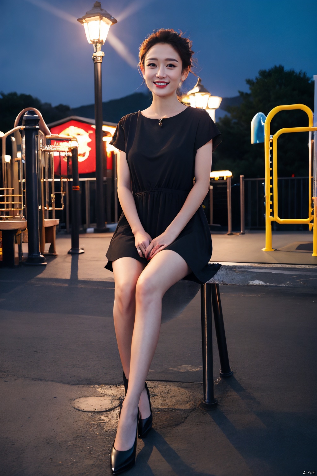  PHOTOREALISTIC REALISTIC, masterpiece, best quality, highres, ultra detailed, 8k,1woman,full body,sitting,looking at viewer,smile,outdoors,playground,night,chenqiaoen