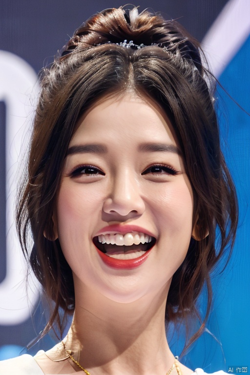 1woman,portrait,looking at viewer,open mouth,smile,teeth,chenqiaoen