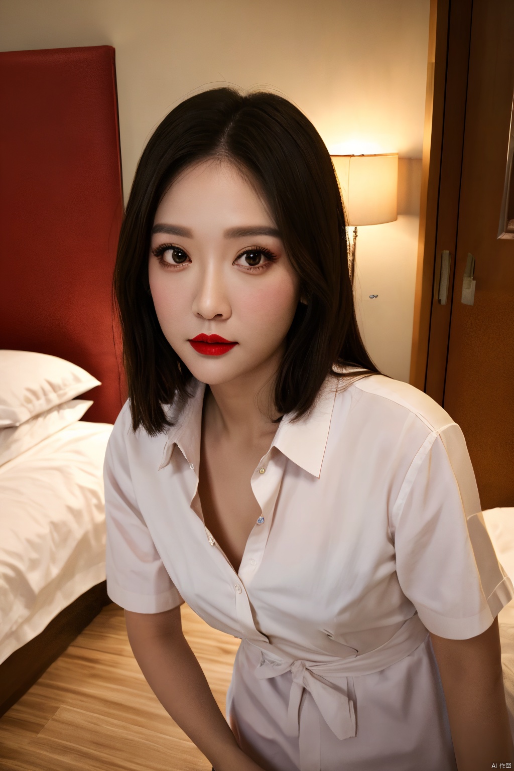  PHOTOREALISTIC REALISTIC, masterpiece, best quality, highres, ultra detailed, 8k,1woman,makeup, lipstick, looking at viewer,hotel room,chenqiaoen