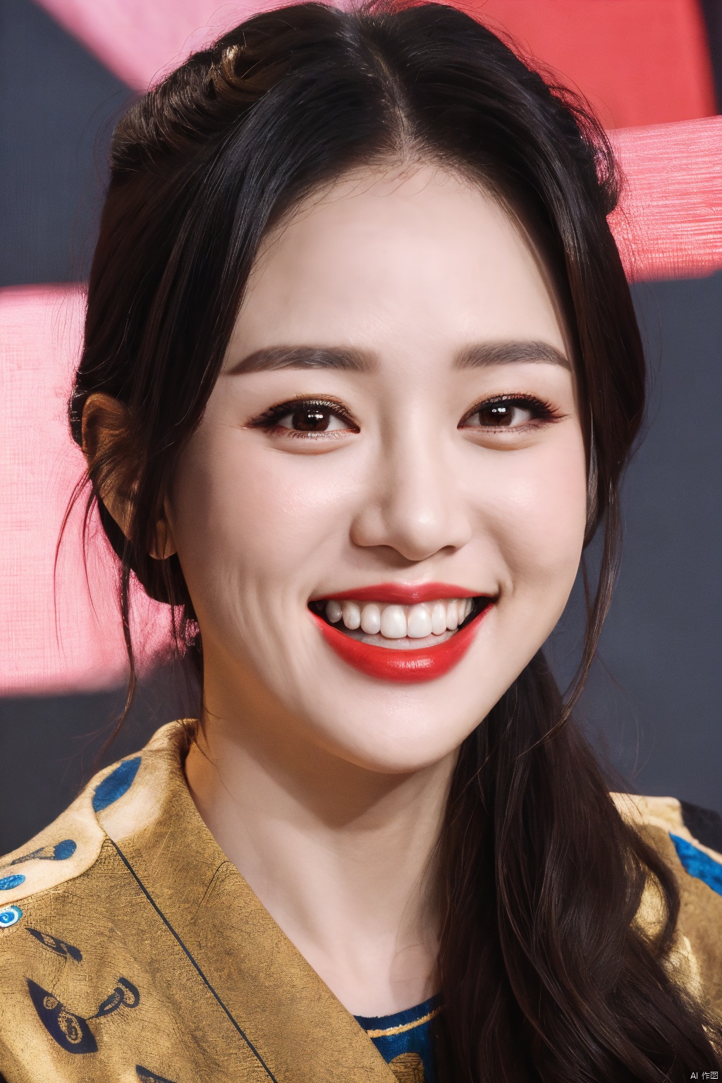  PHOTOREALISTIC REALISTIC, masterpiece, best quality, highres, ultra detailed, 8k,1woman,portrait,smile,teeth,makeup,lipstick, looking at viewer,chenqiaoen