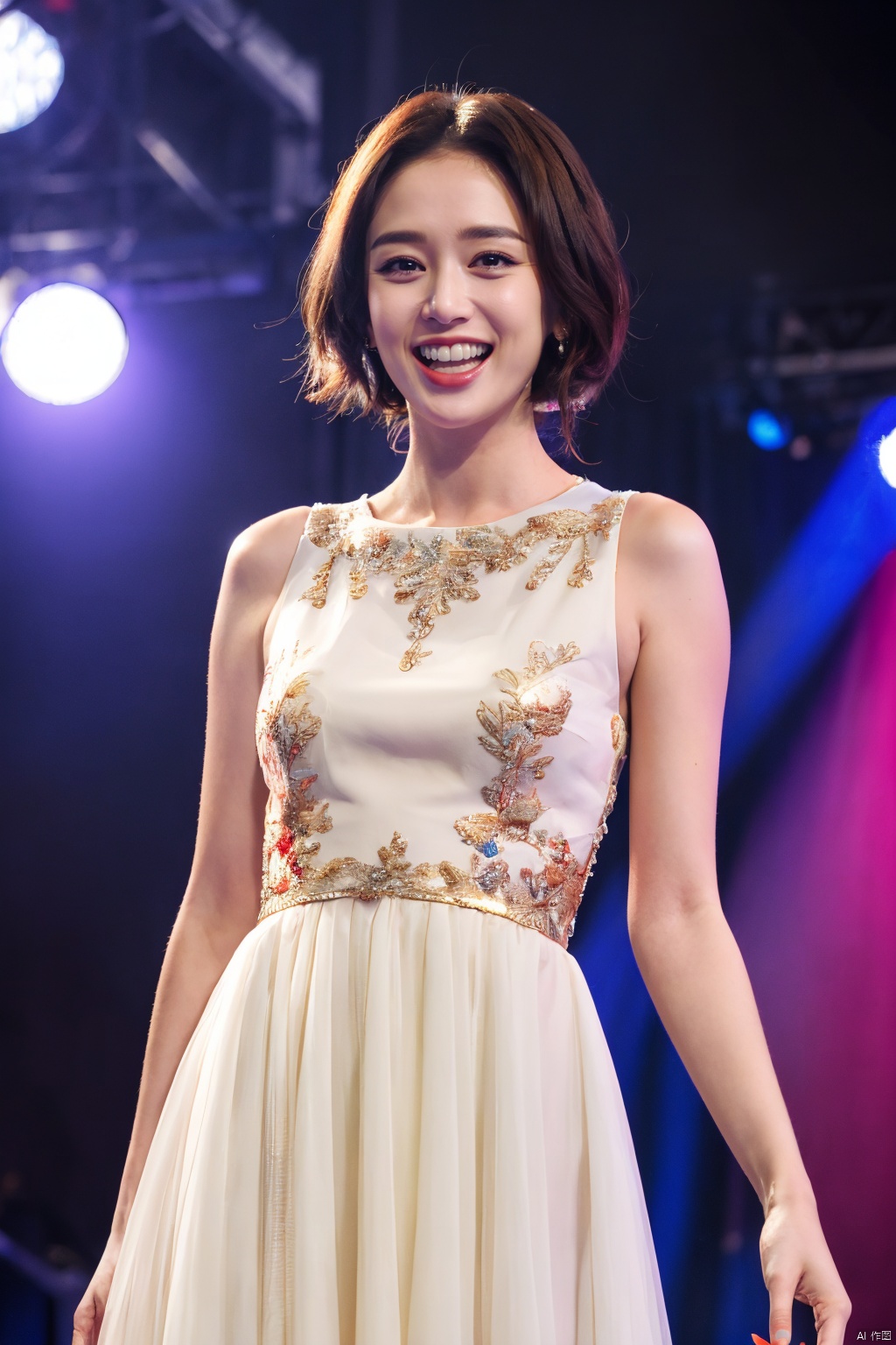  PHOTOREALISTIC REALISTIC, masterpiece, best quality, highres, ultra detailed, 8k,1woman,cowboy shot, dress, makeup, lipstick, looking at viewer, open mouth, smile, teeth, stage, stage light, chenqiaoen